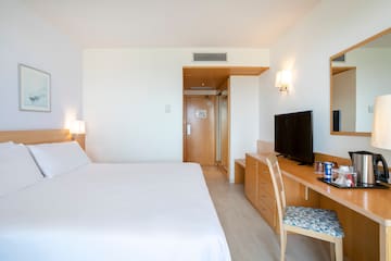 a bedroom with a bed and a desk