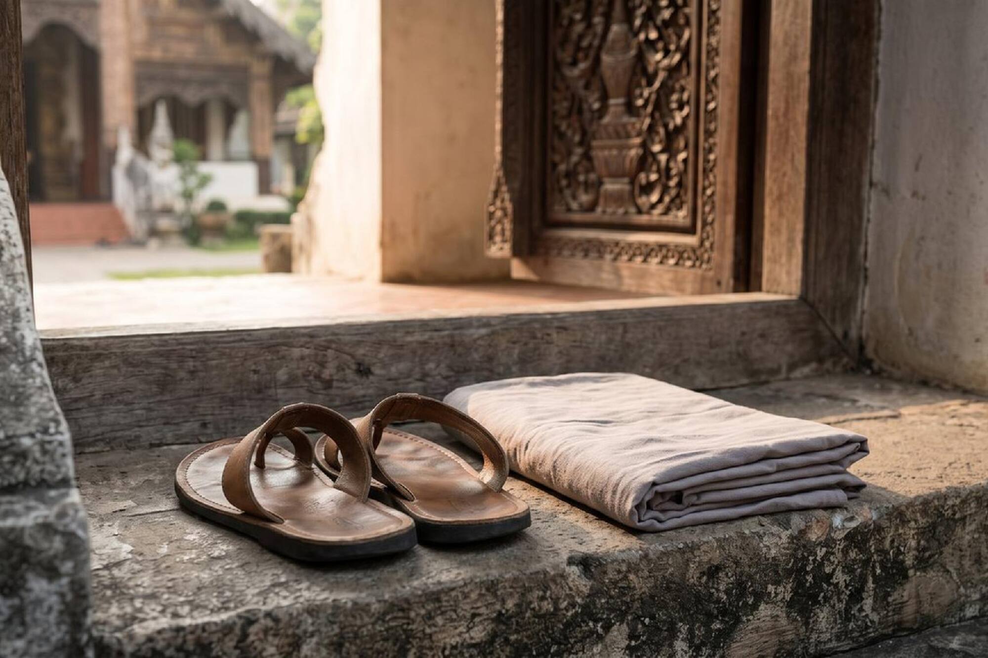 Brown leather sandals, folded cloth on stone steps by carved temple door.