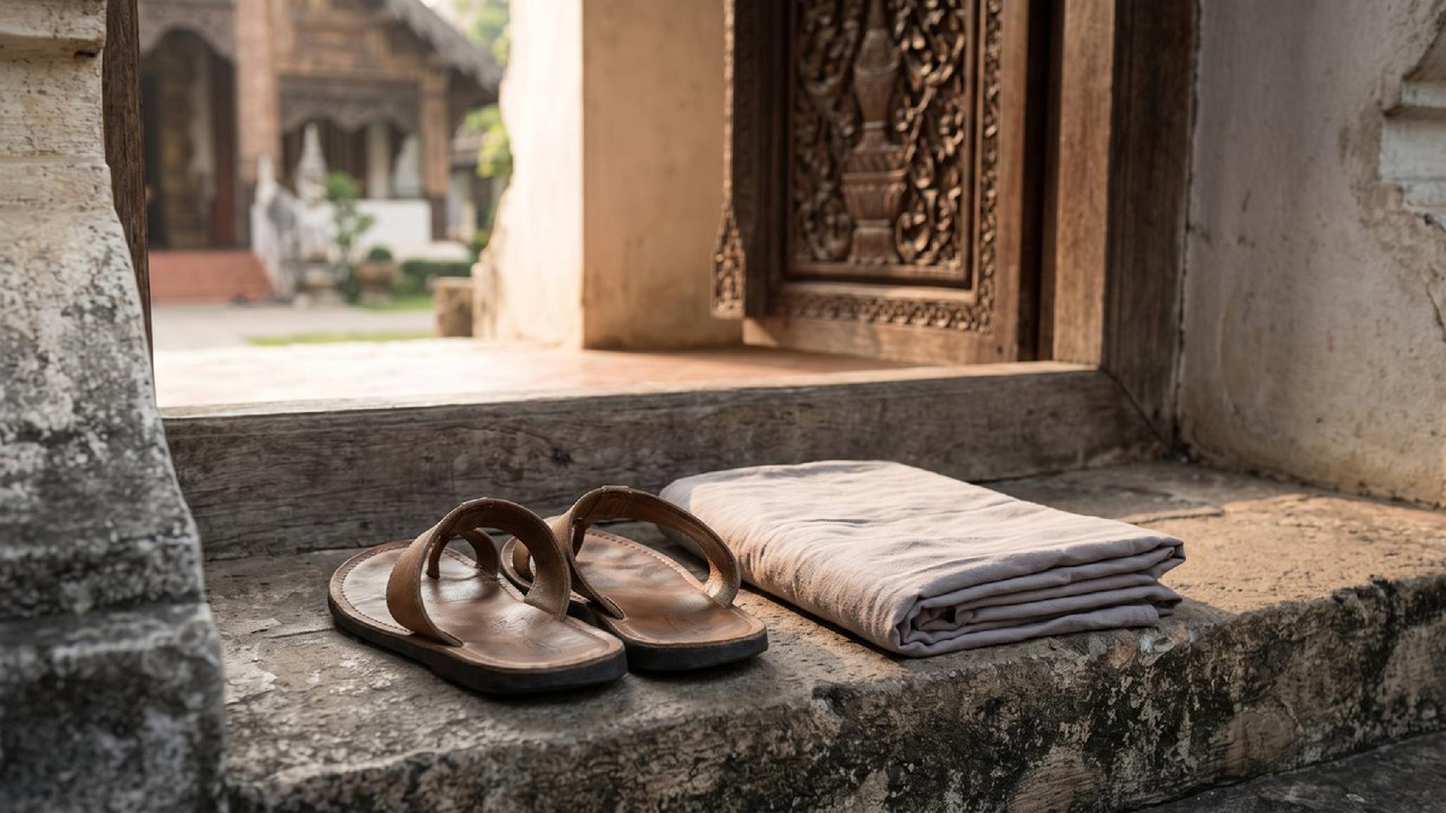 Brown leather sandals, folded cloth on stone steps by carved temple door.
