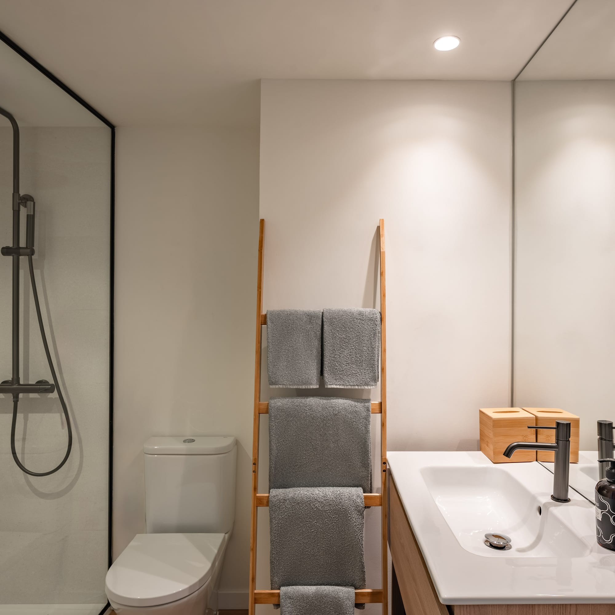 a bathroom with a shower and a towel rack