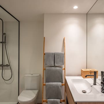 a bathroom with a shower and a towel rack