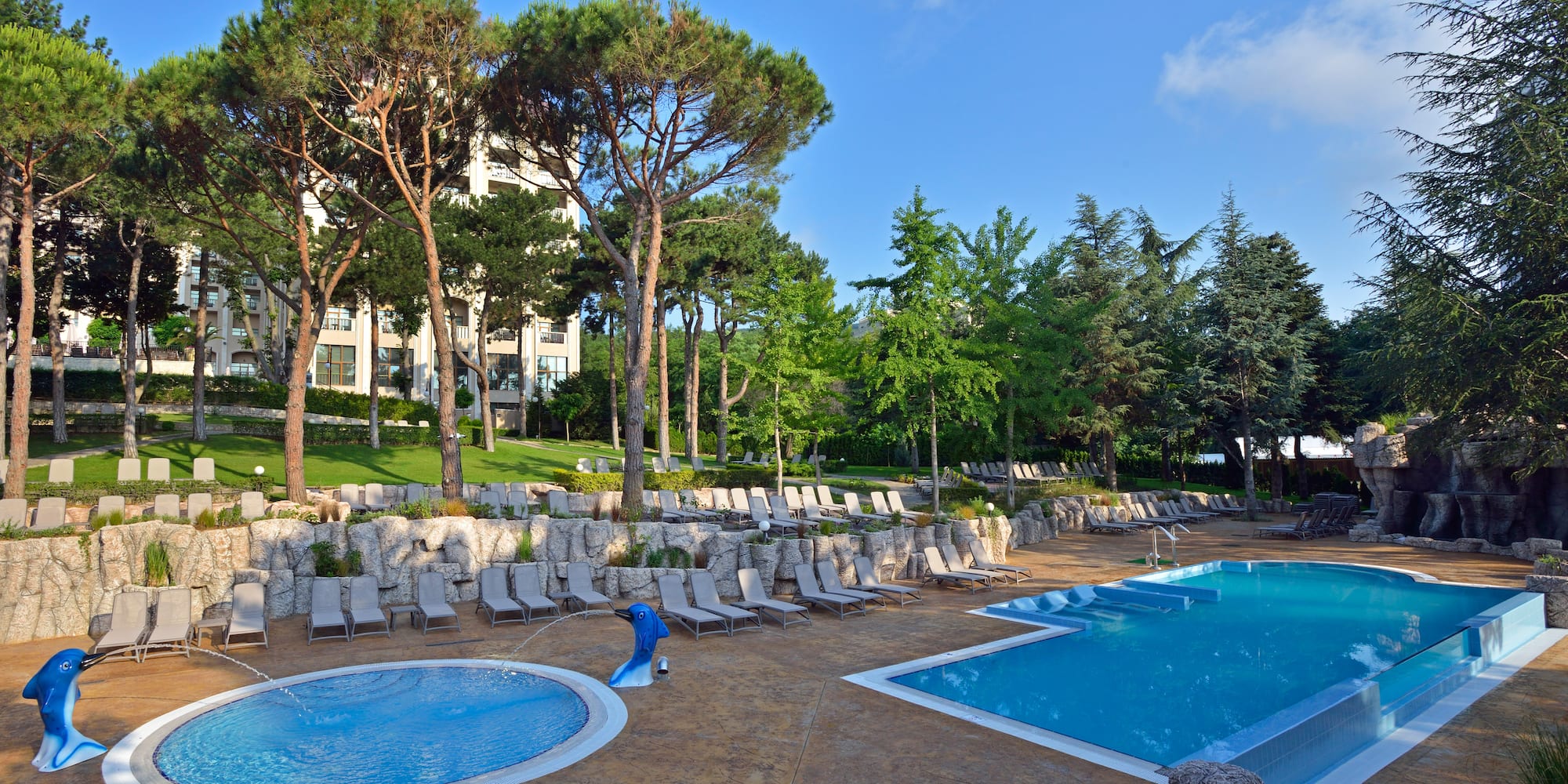a pool with chairs and trees around it