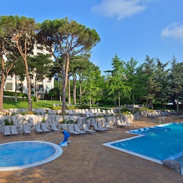 a pool with chairs and trees around it
