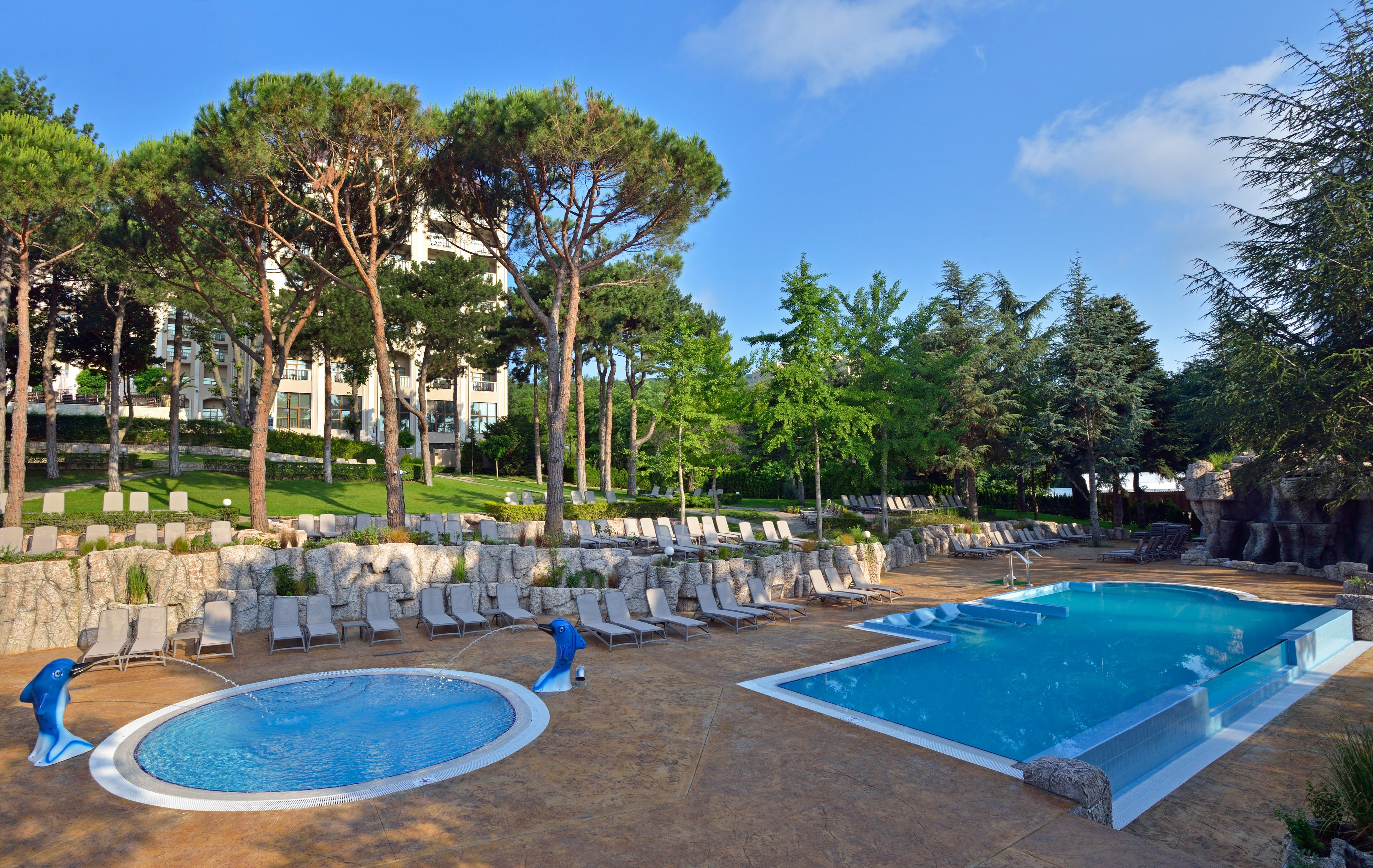 a pool with chairs and trees around it