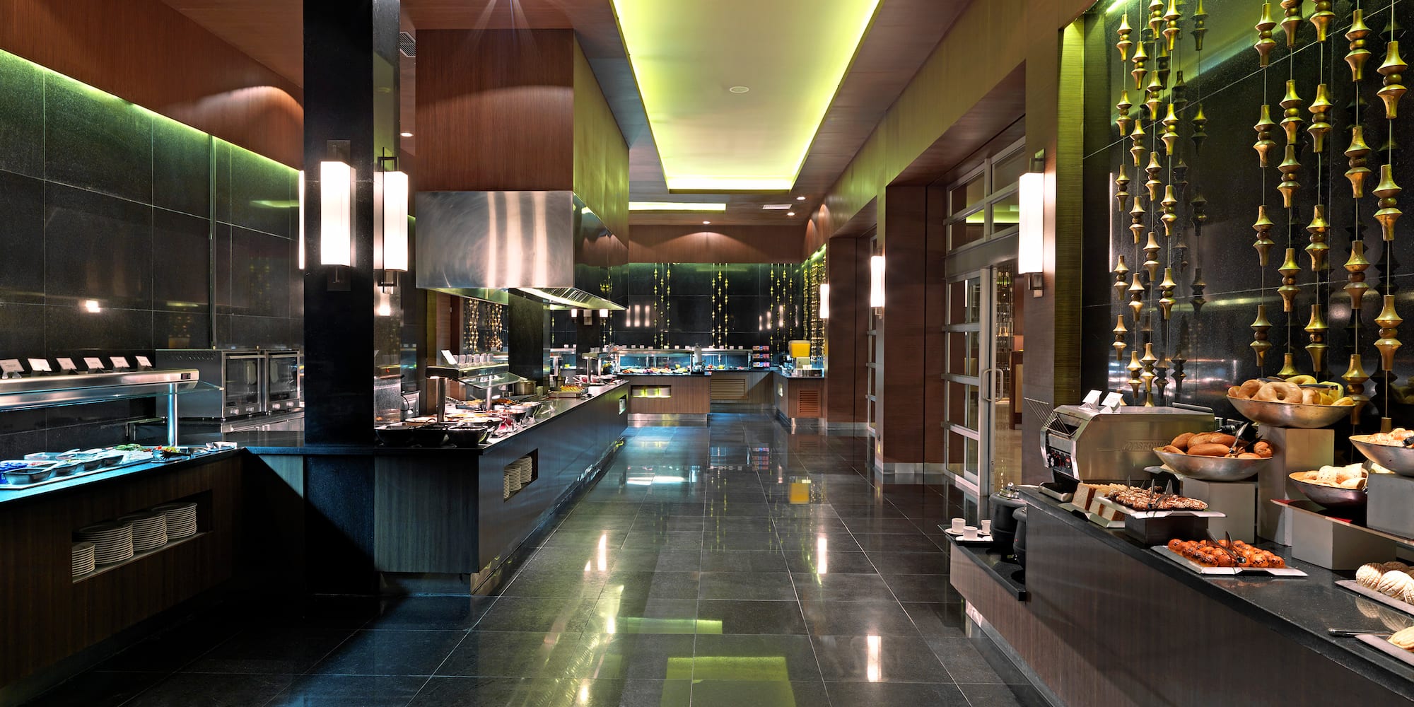 a restaurant with food on the counter