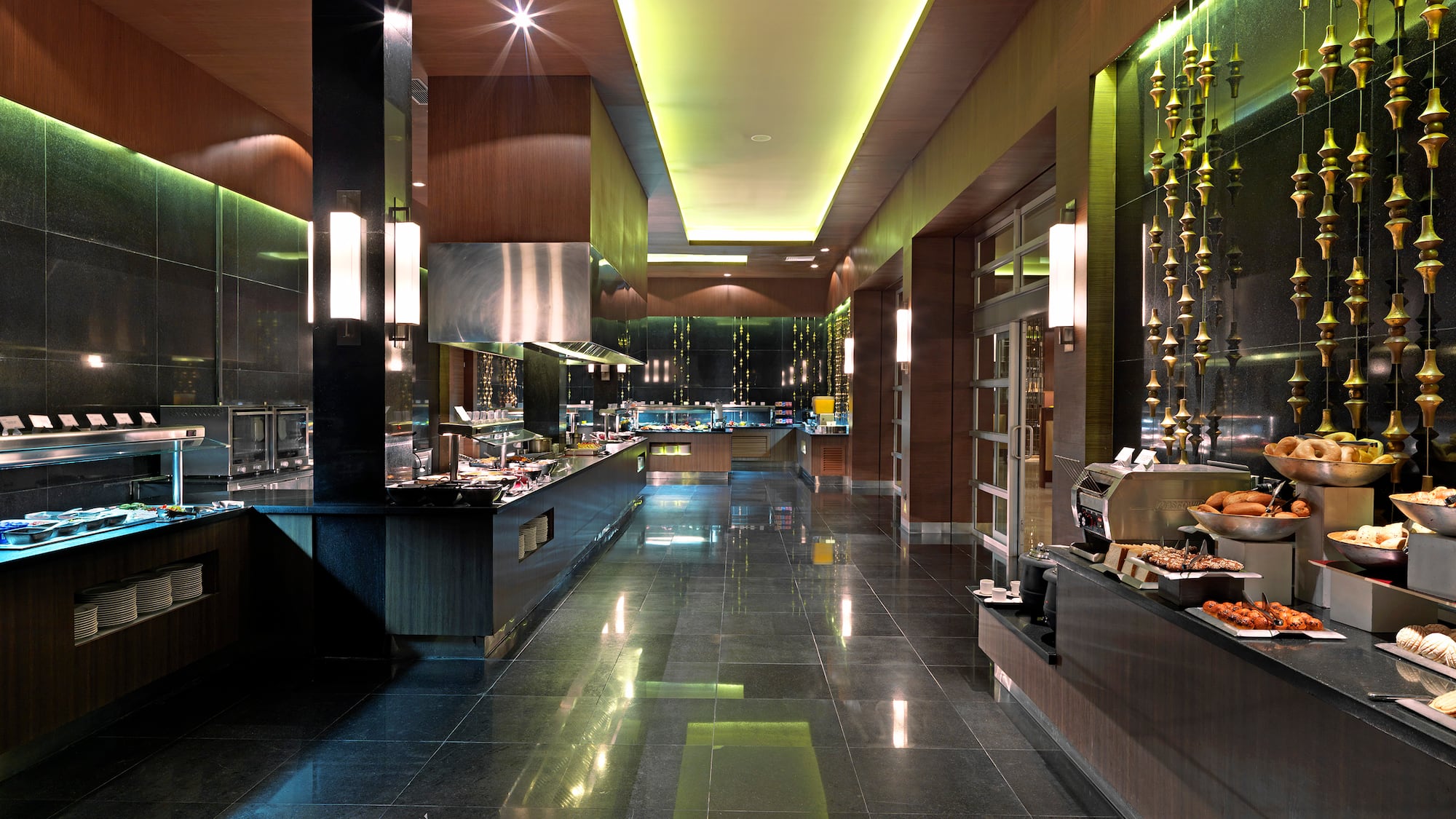 a restaurant with food on the counter