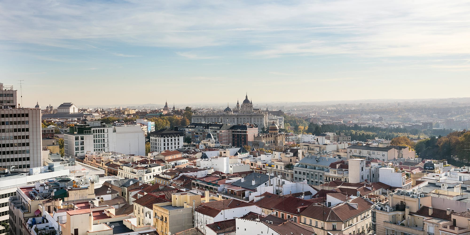 Madrid panorama with Royal Palace, Almudena Cathedral, and rooftops.