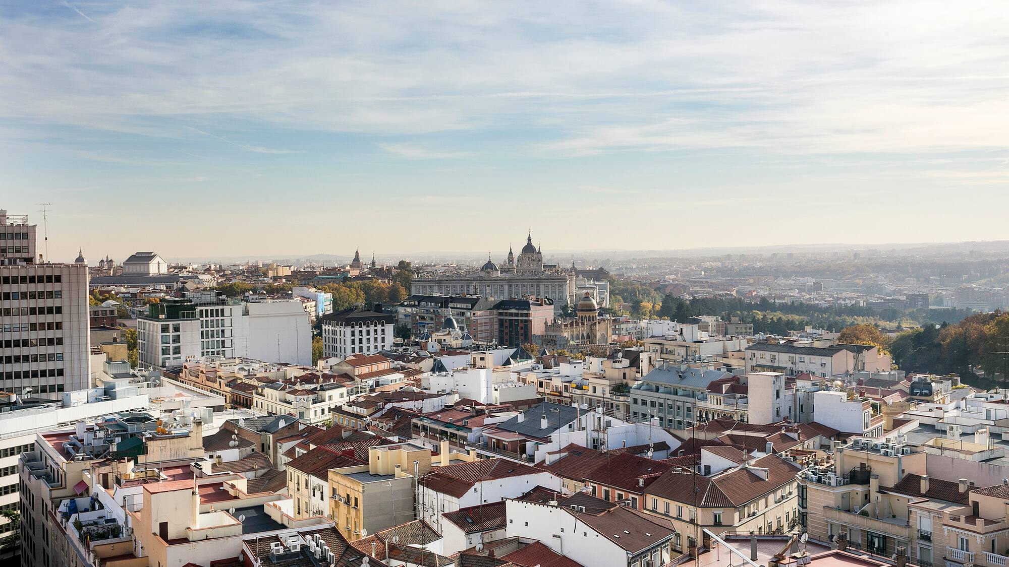 Madrid panorama with Royal Palace, Almudena Cathedral, and rooftops.