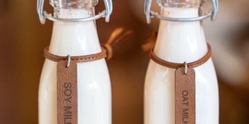 two bottles of milk with a leather strap