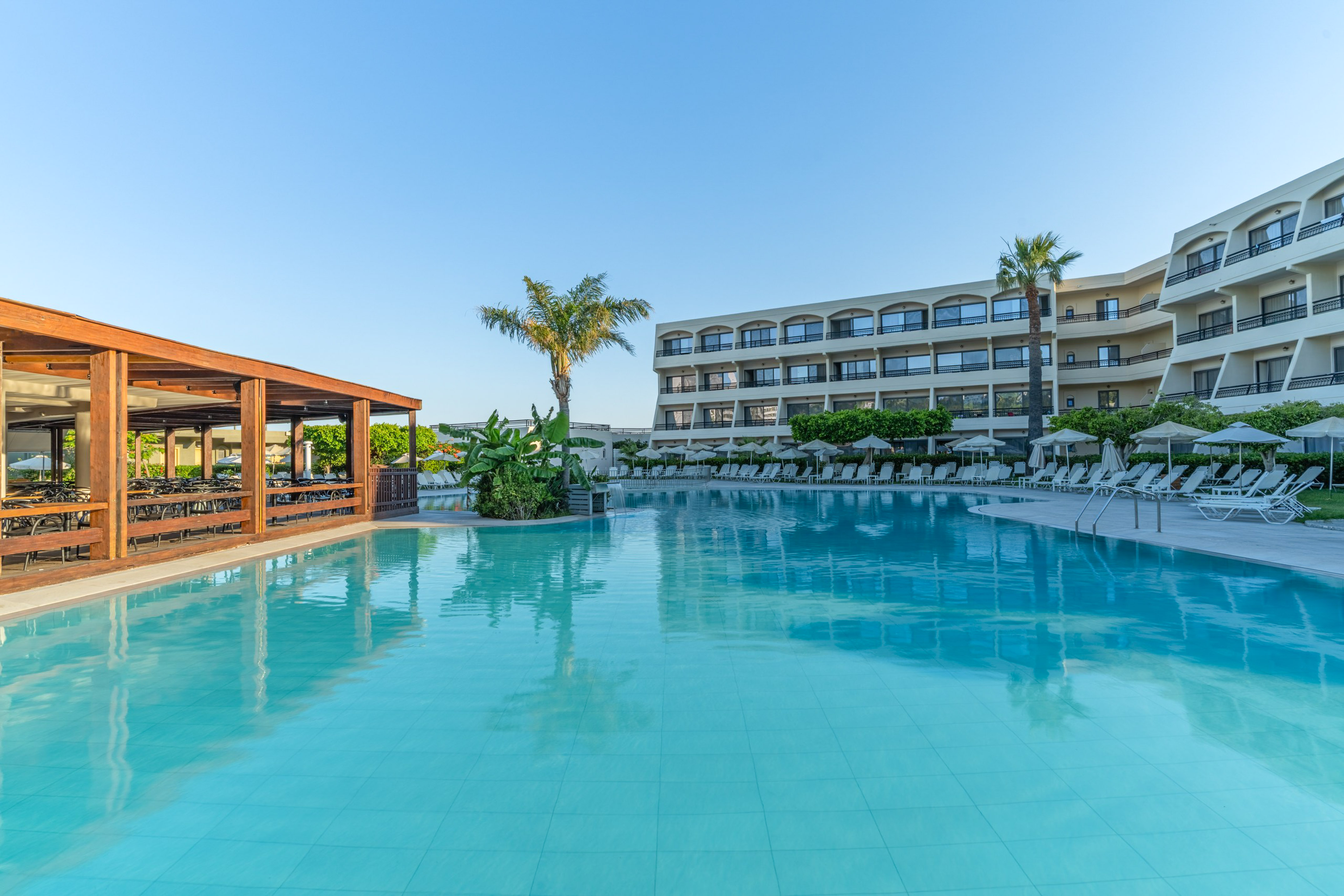 Hotel swimming pool with palm trees, sun loungers, and resort building.