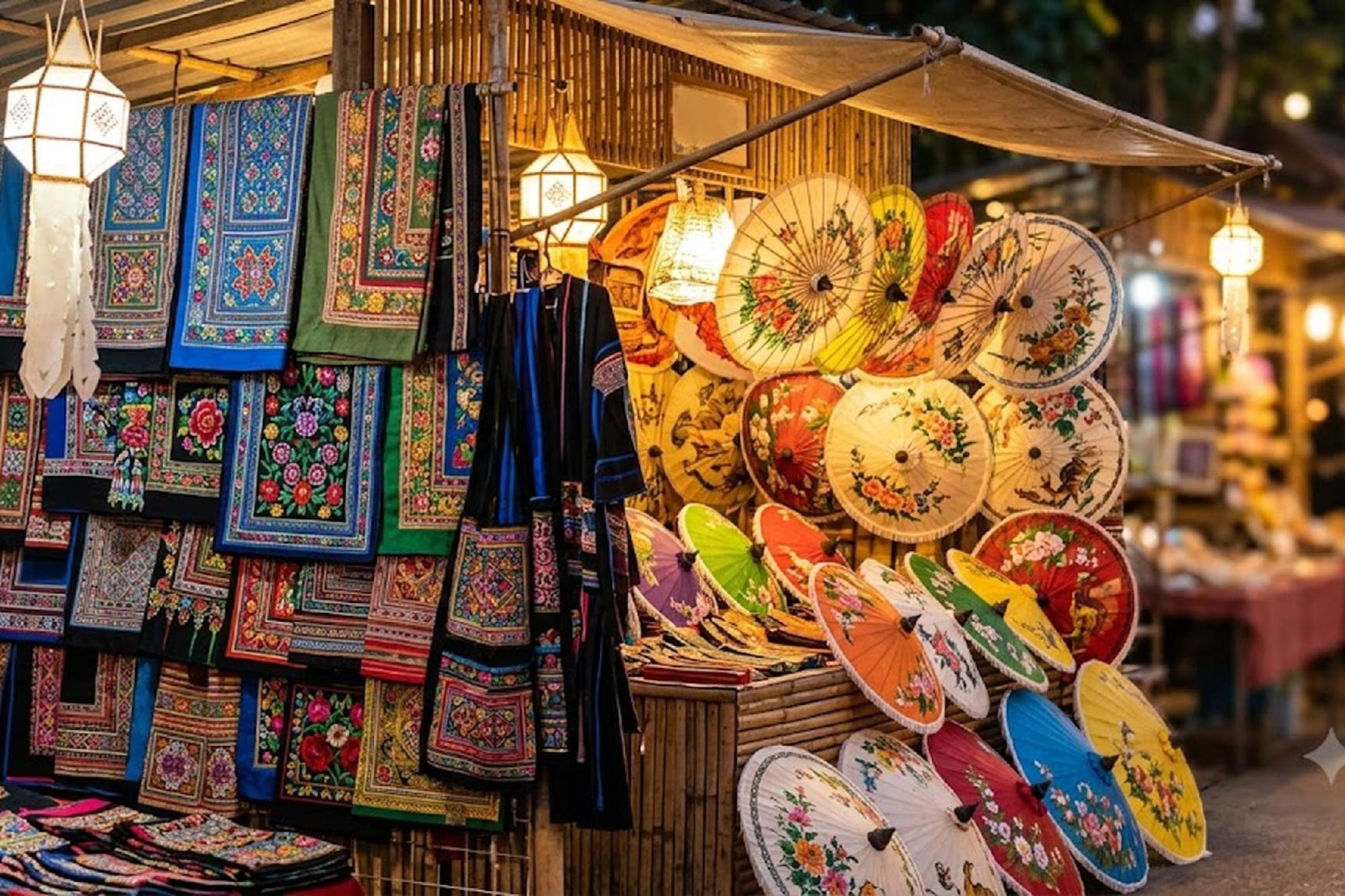 Colorful embroidered fabrics and hand-painted paper umbrellas at a night market.