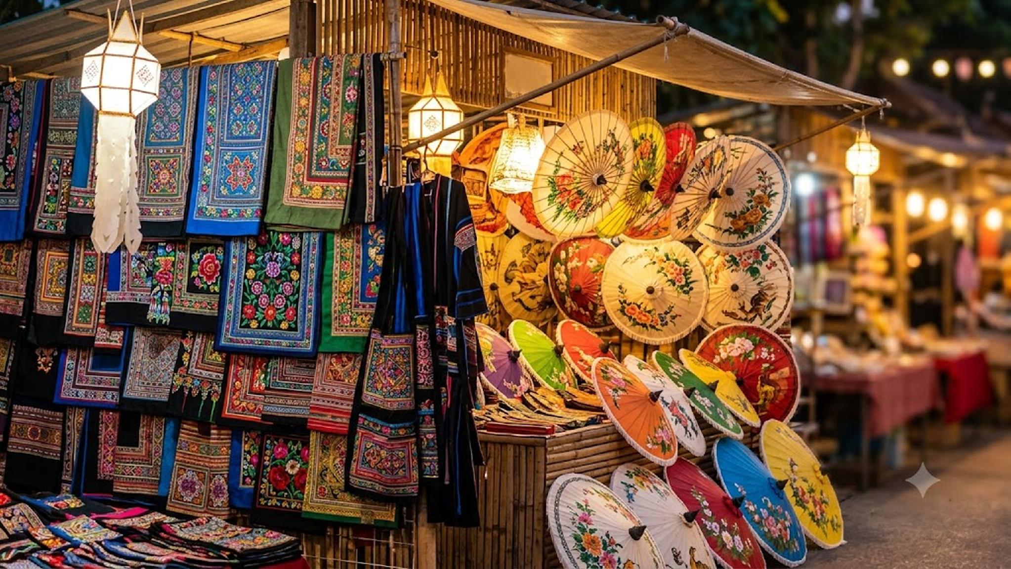 Colorful embroidered fabrics and hand-painted paper umbrellas at a night market.