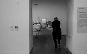 a man looking at a sculpture