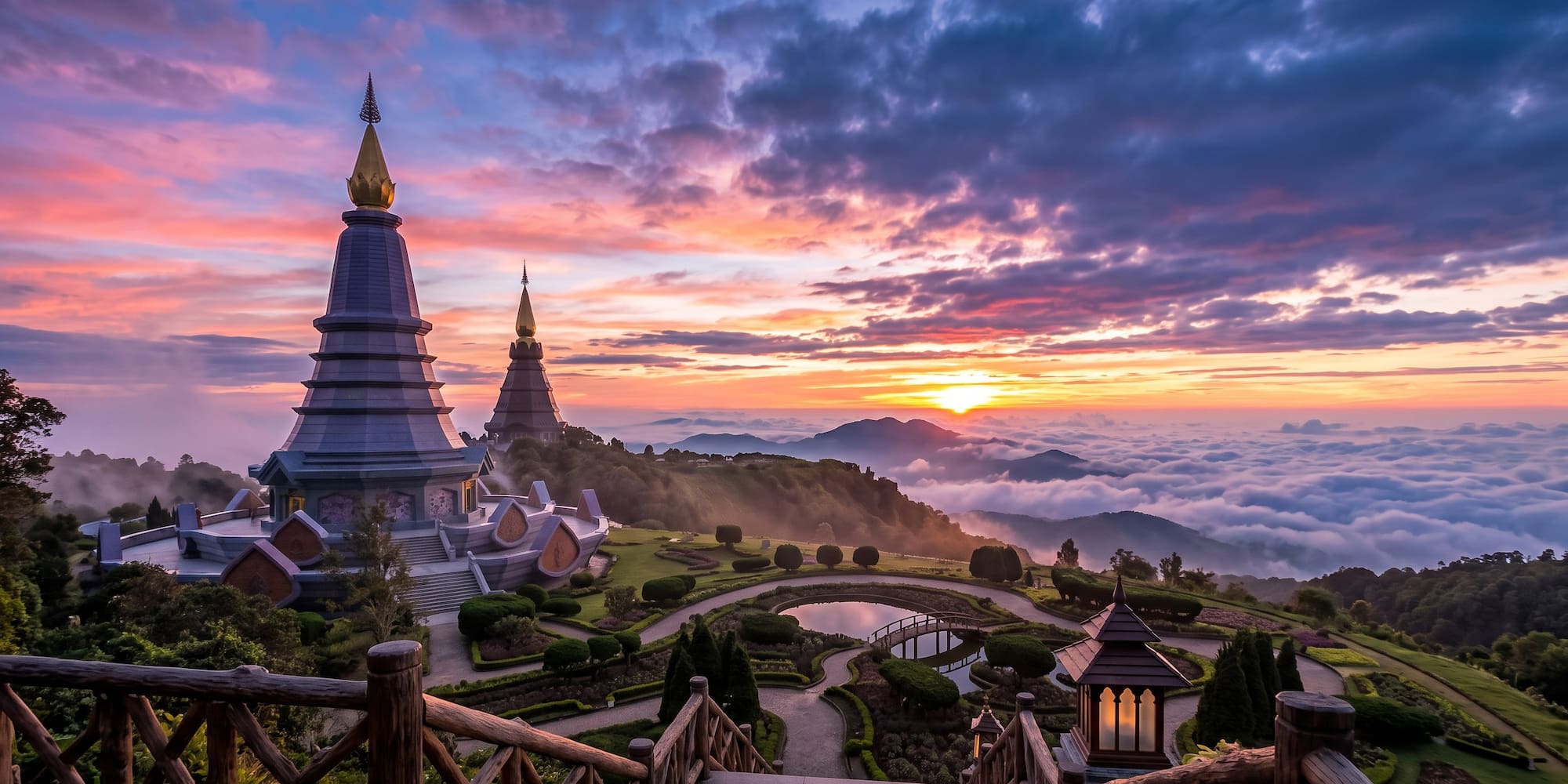 Sunrise over Doi Inthanon pagodas, sea of clouds and mountains, Thailand.