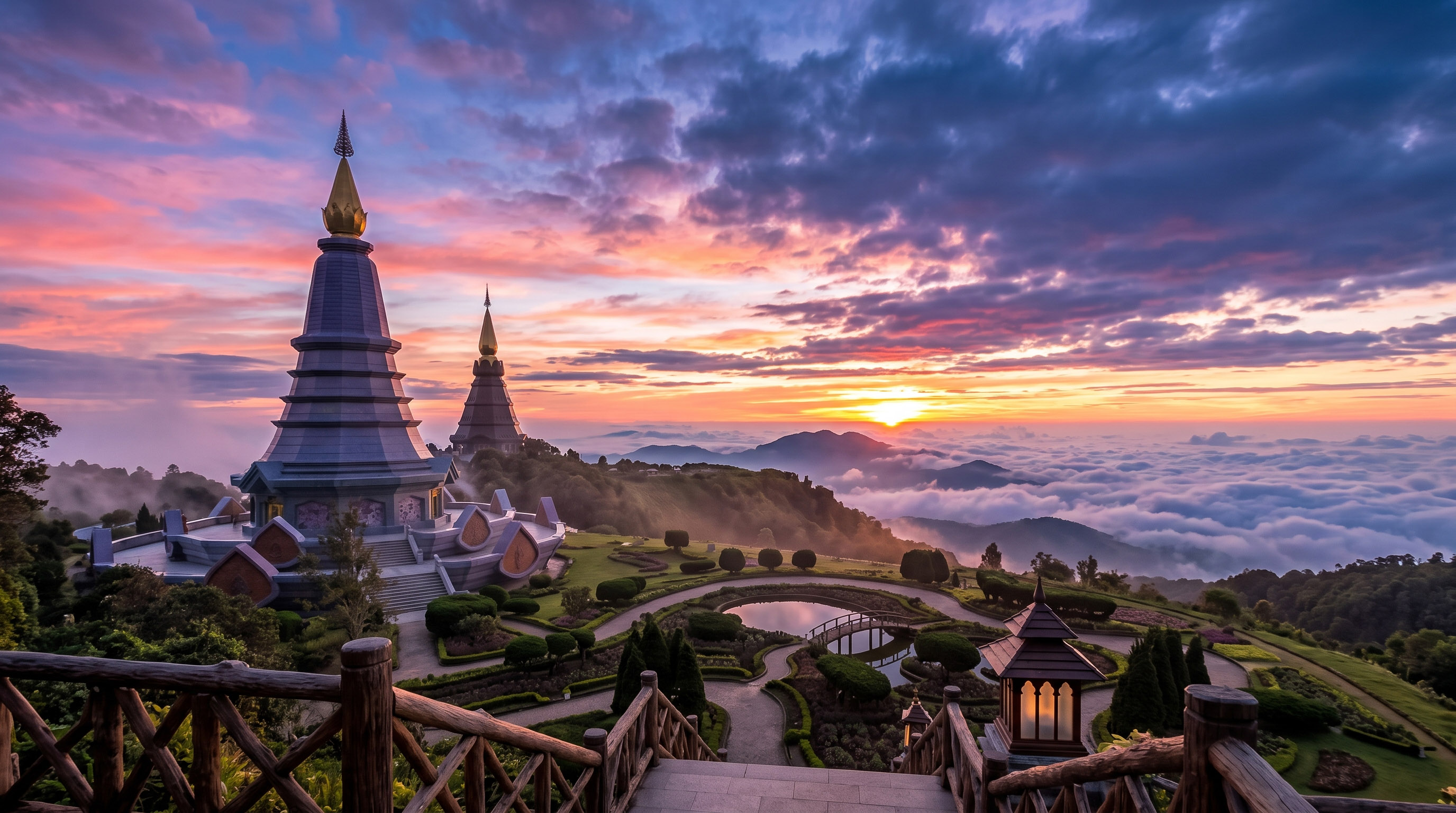 Sunrise over Doi Inthanon pagodas, sea of clouds and mountains, Thailand.
