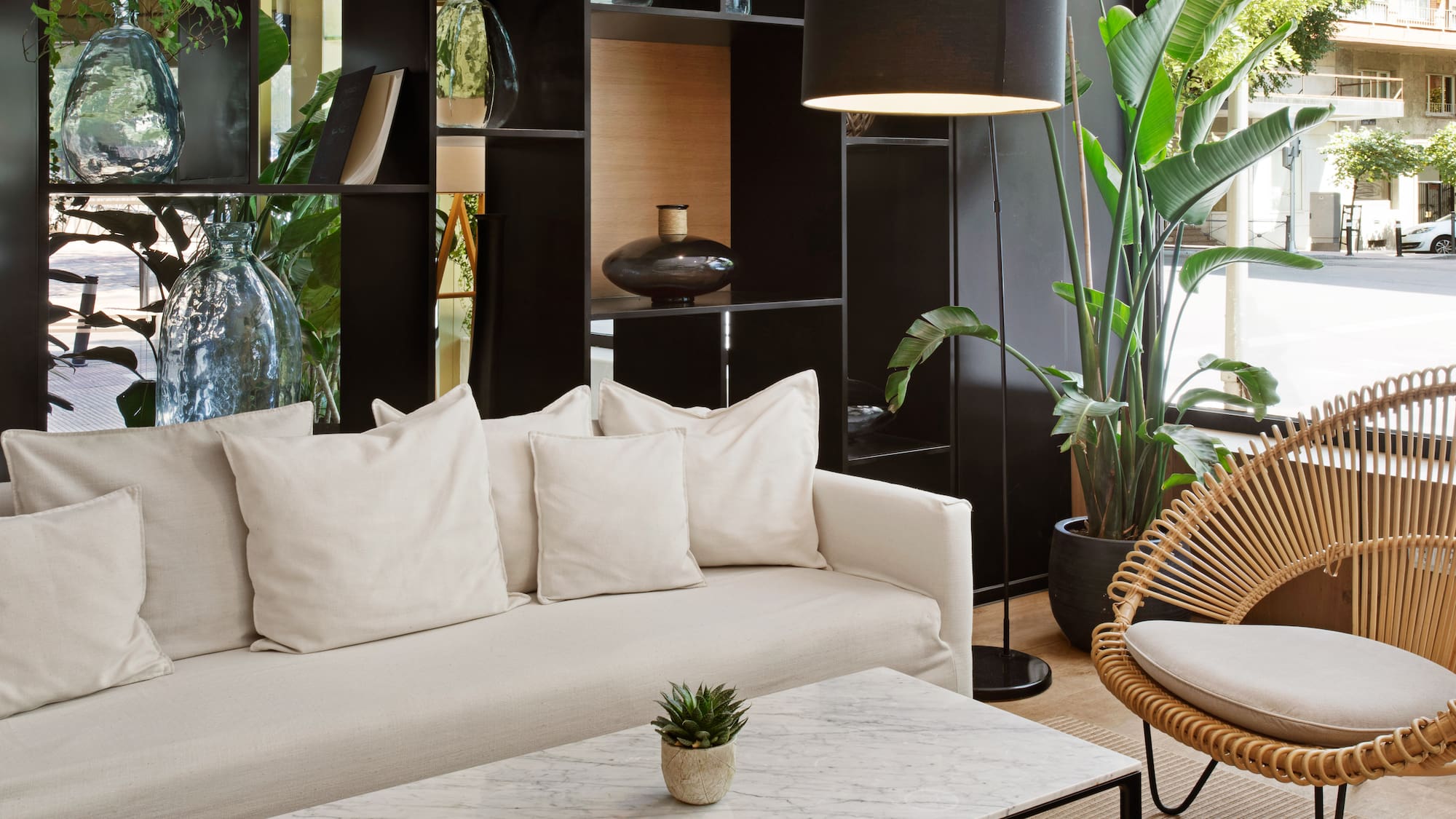 a room with a couch and a table