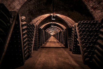 a tunnel with rows of wine bottles
