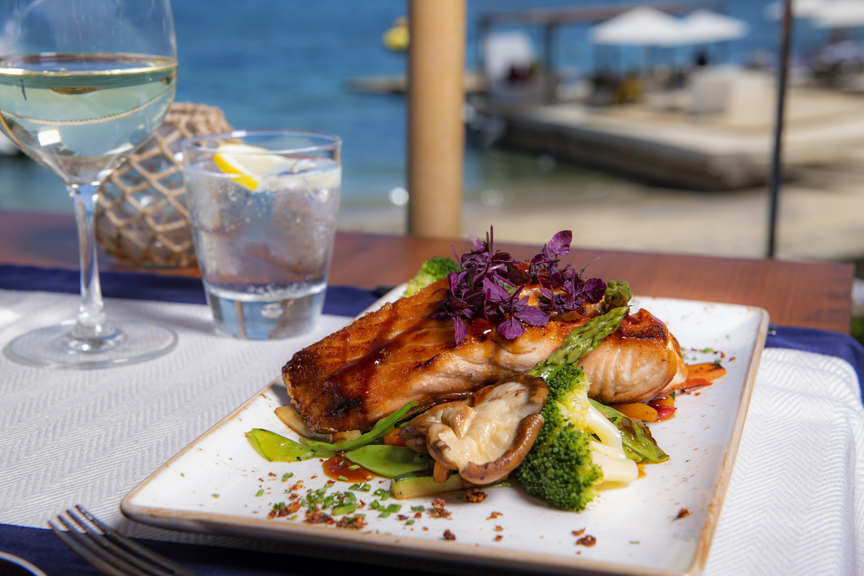Grilled salmon fillet, fresh vegetables, white wine, and water with a sea view.