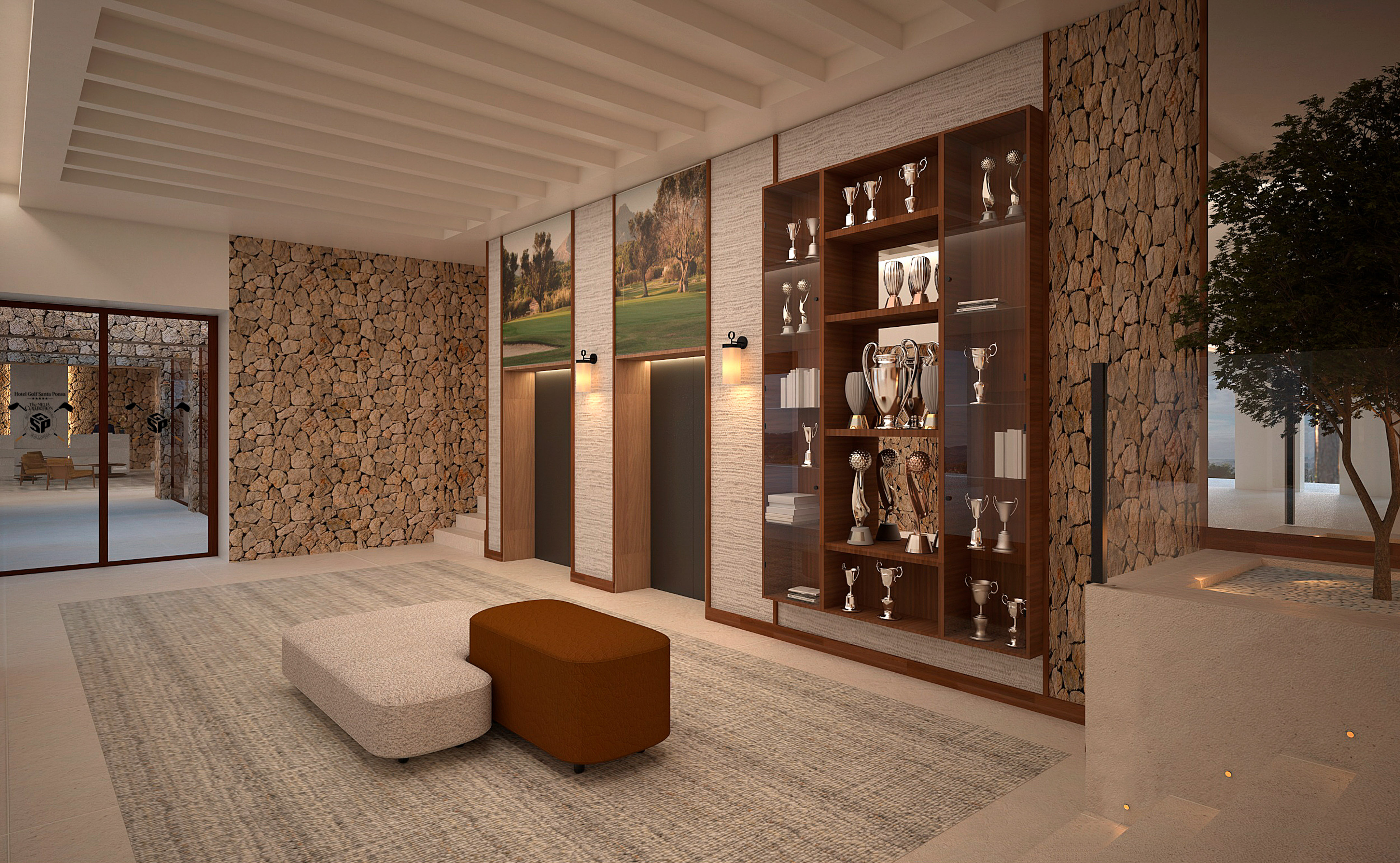 Modern hotel lobby with stone walls, trophy display cabinet, and elevator doors. - Club House - Hotel Golf Santa Ponsa Meliá Collection, مايوركا