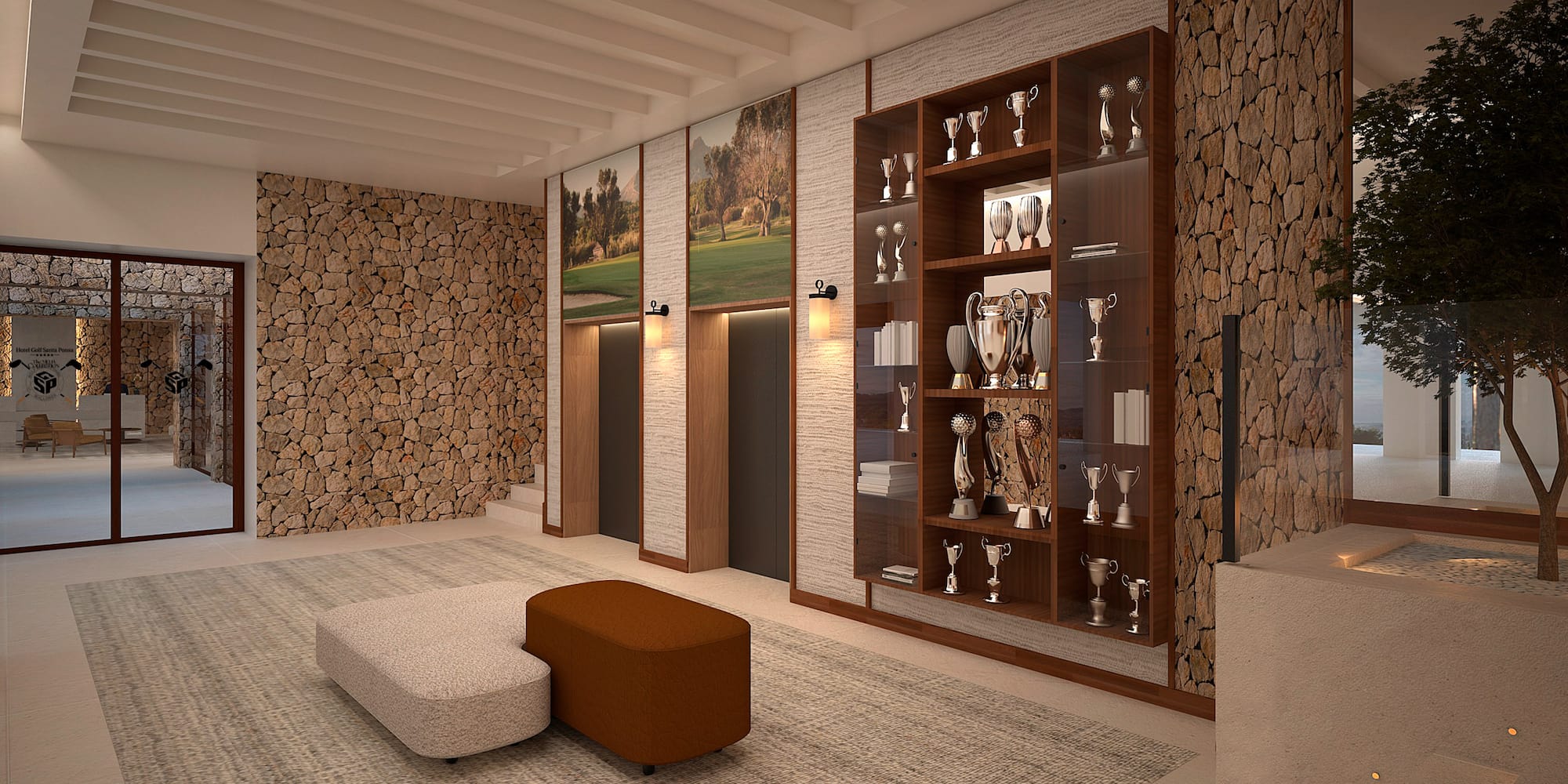 Modern hotel lobby with stone walls, trophy display cabinet, and elevator doors. - Club House - Hotel Golf Santa Ponsa Meliá Collection, Μαγιόρκα