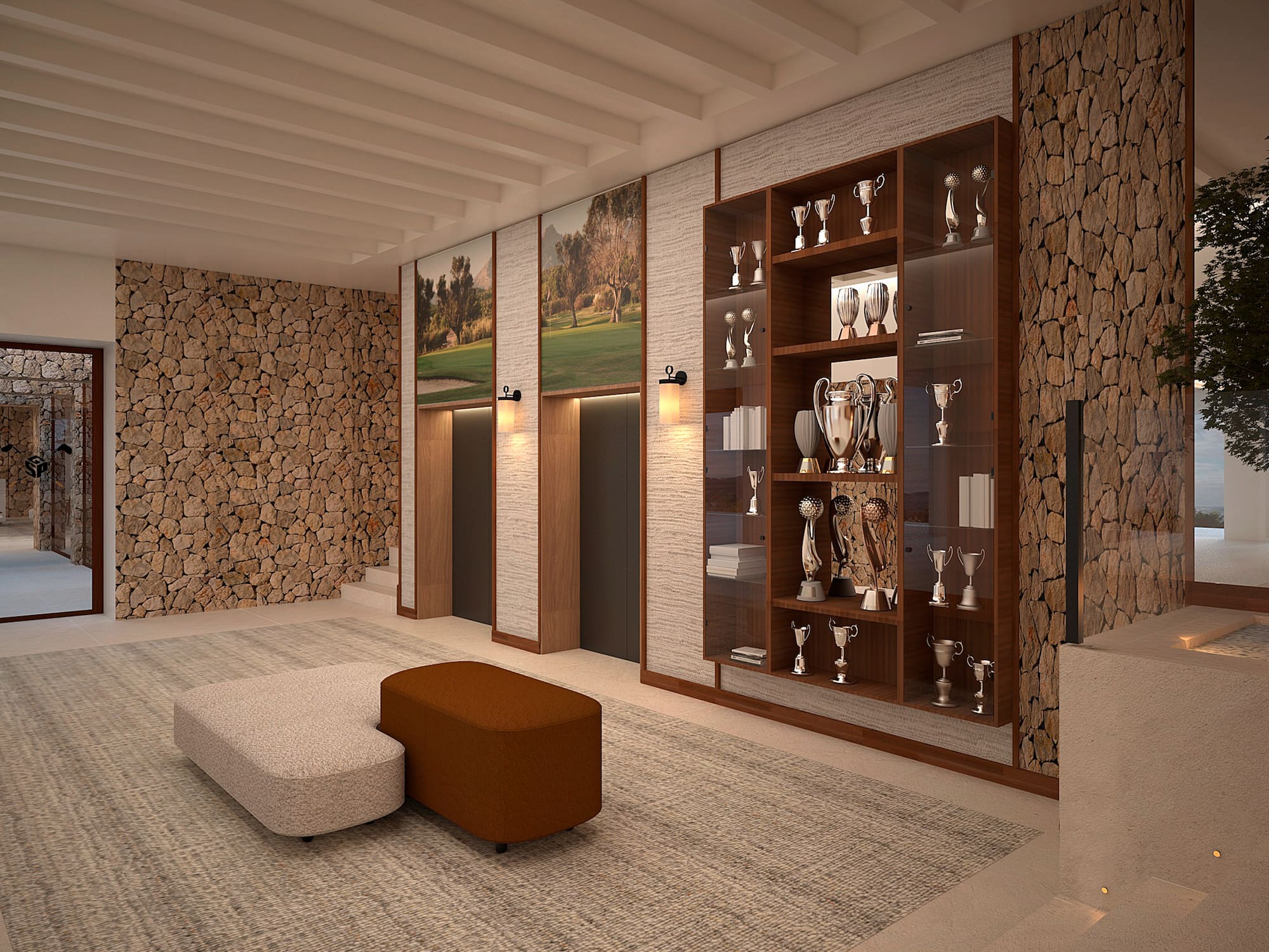 Luxury hotel lobby interior with stone walls, trophy display cases, and modern seating. - Club House - Hotel Golf Santa Ponsa Meliá Collection, Μαγιόρκα