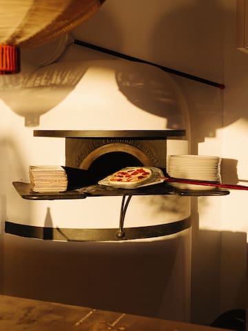 a pizza in a oven