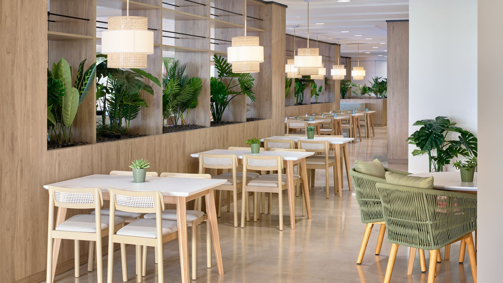 a room with tables and chairs