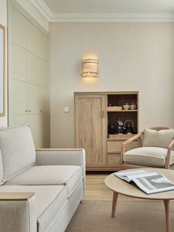 a living room with a couch and a coffee table