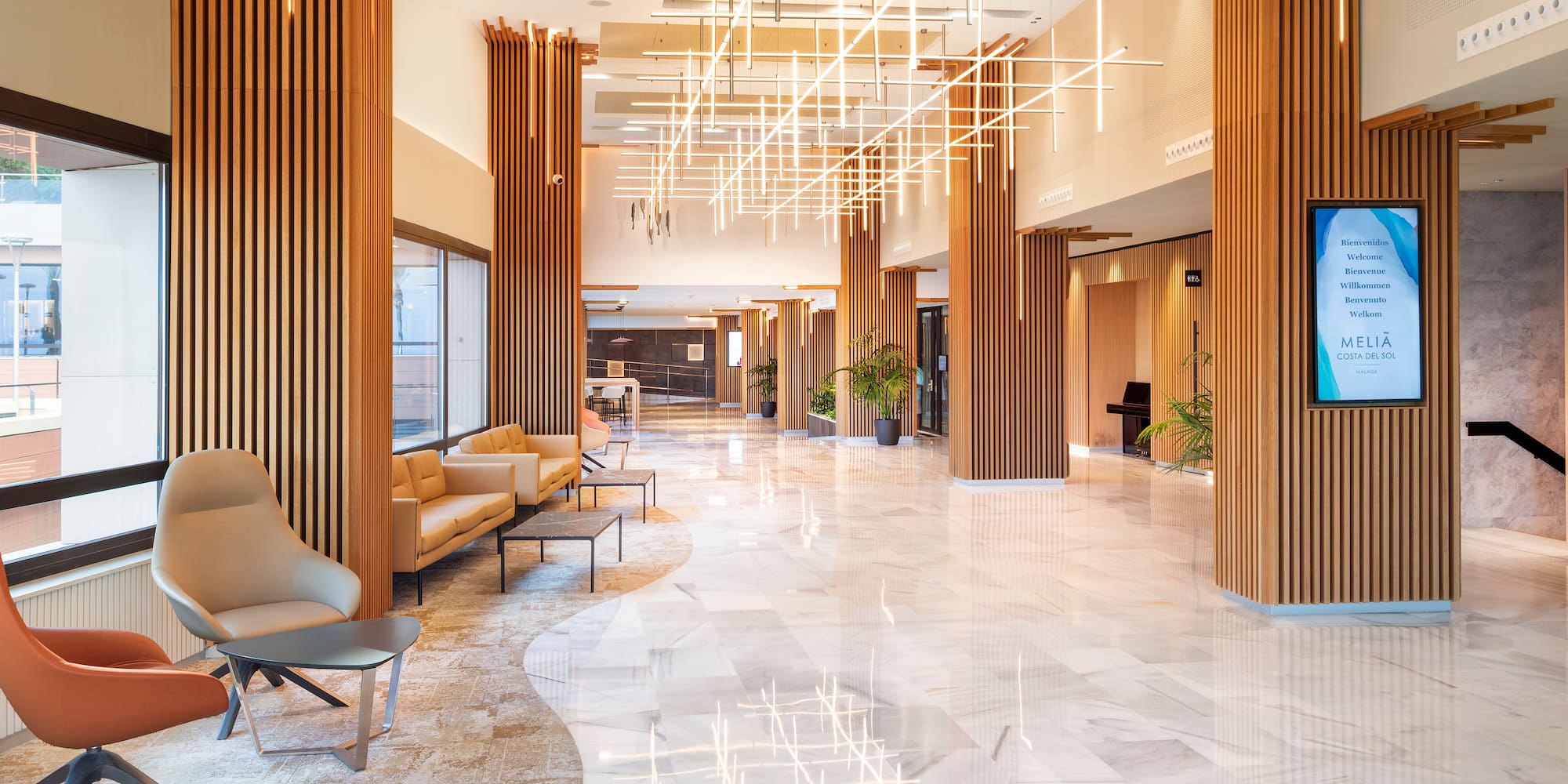 a lobby with a marble floor and a marble floor