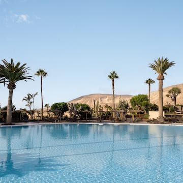 a pool with palm trees and mountains in the background