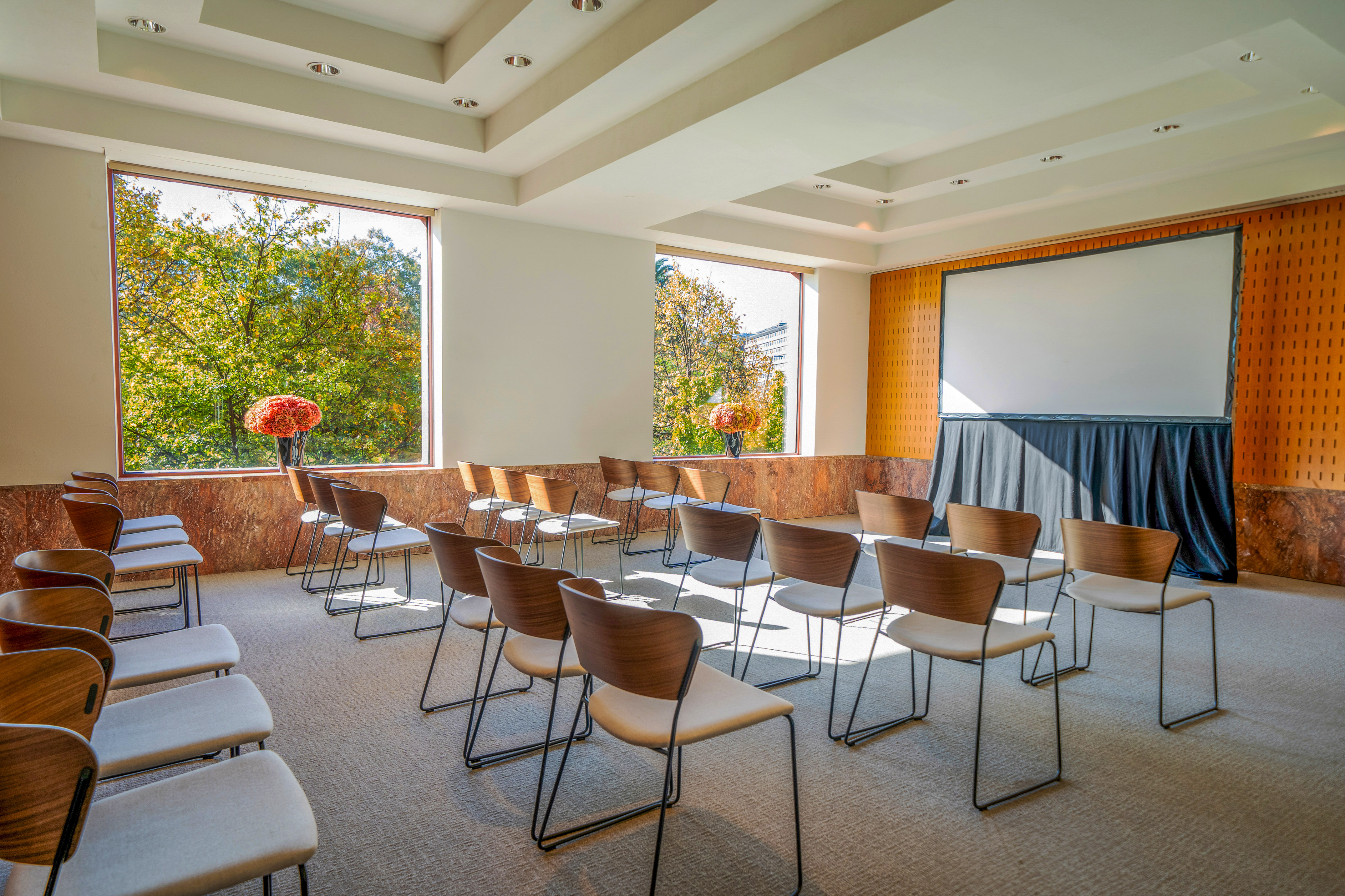 Bright modern conference room with chairs, large windows, and projection screen.