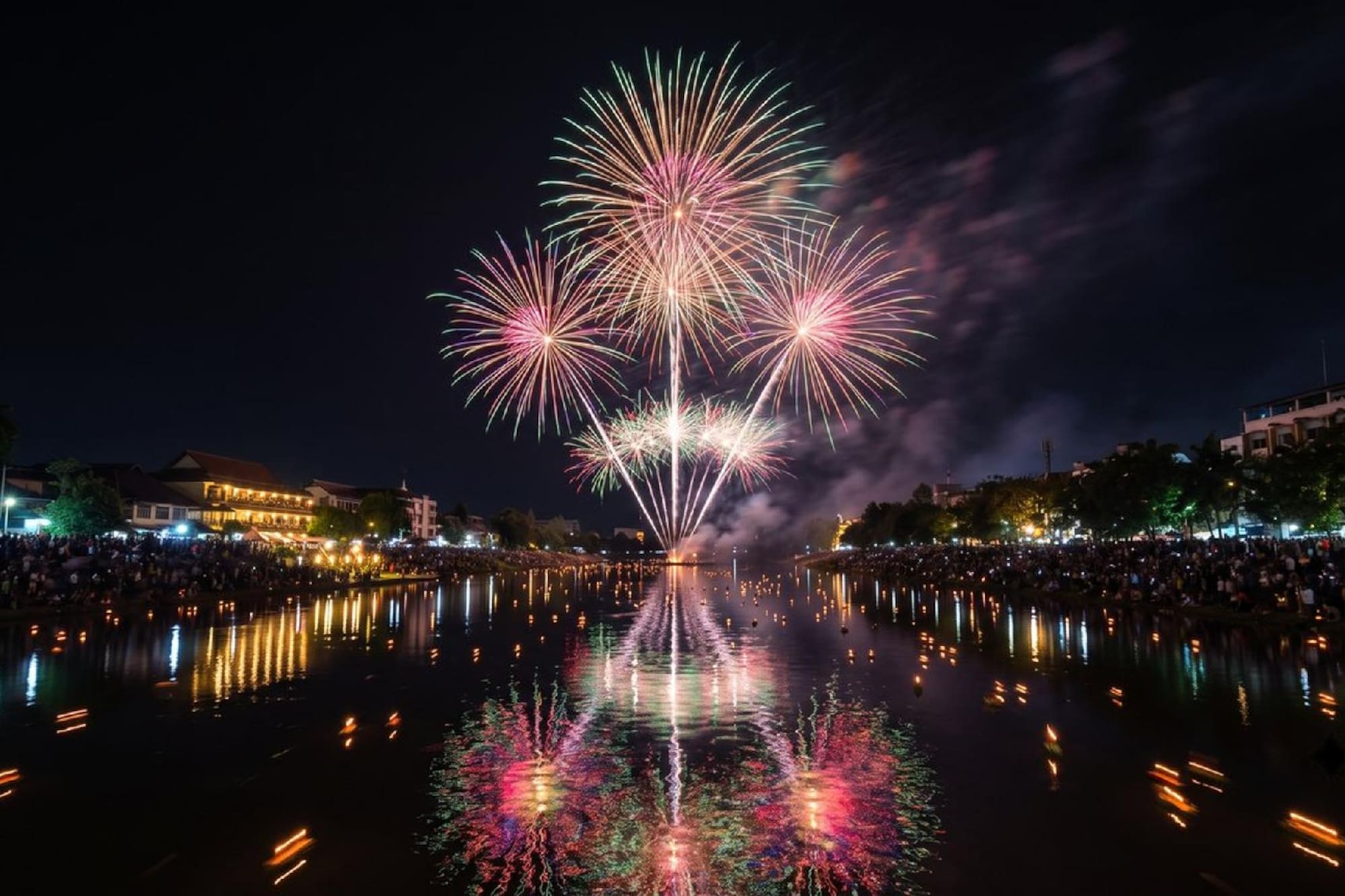 Colorful night fireworks over river, reflections on water, people watching.