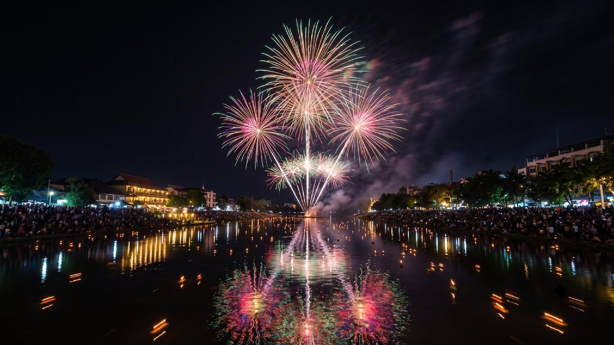 Colorful night fireworks over river, reflections on water, people watching.