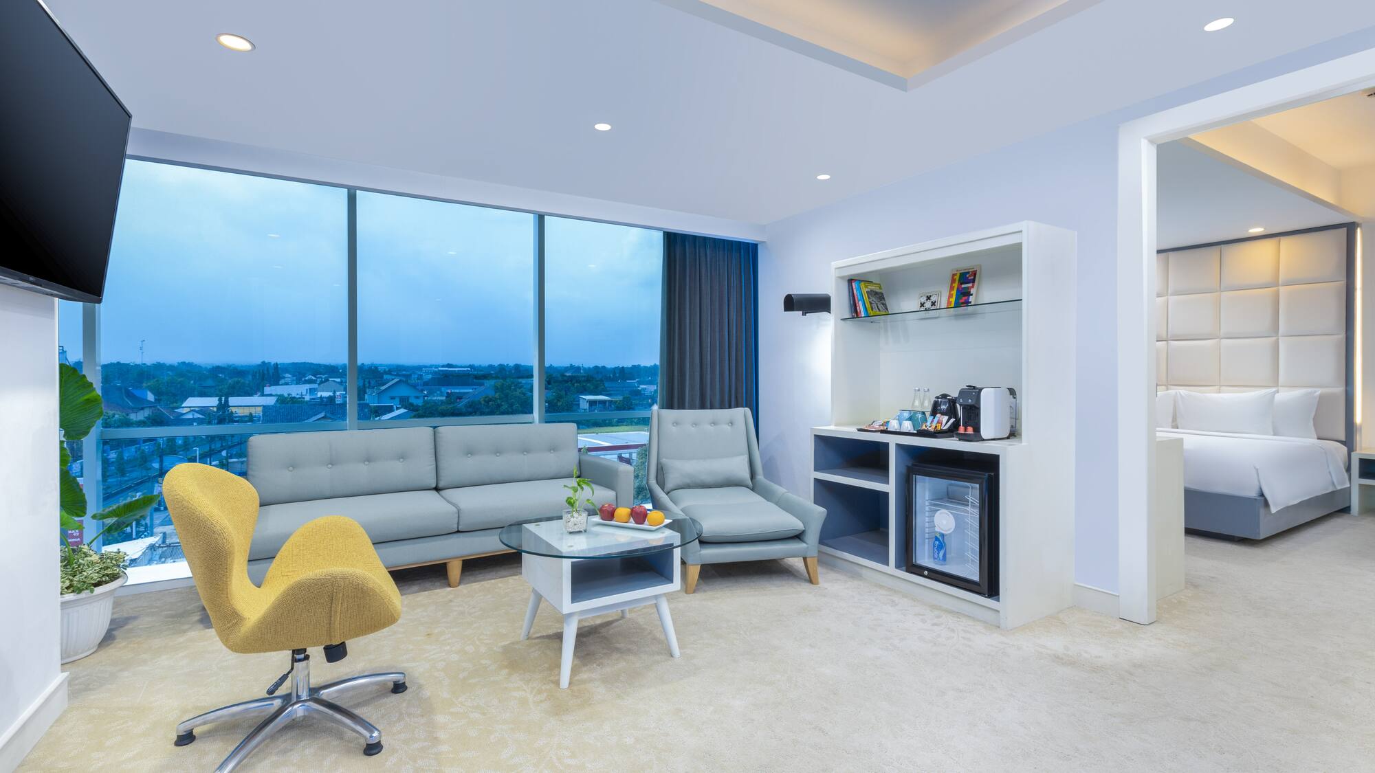 a room with a couch and a coffee table