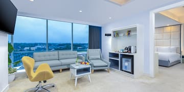 a room with a couch and a coffee table