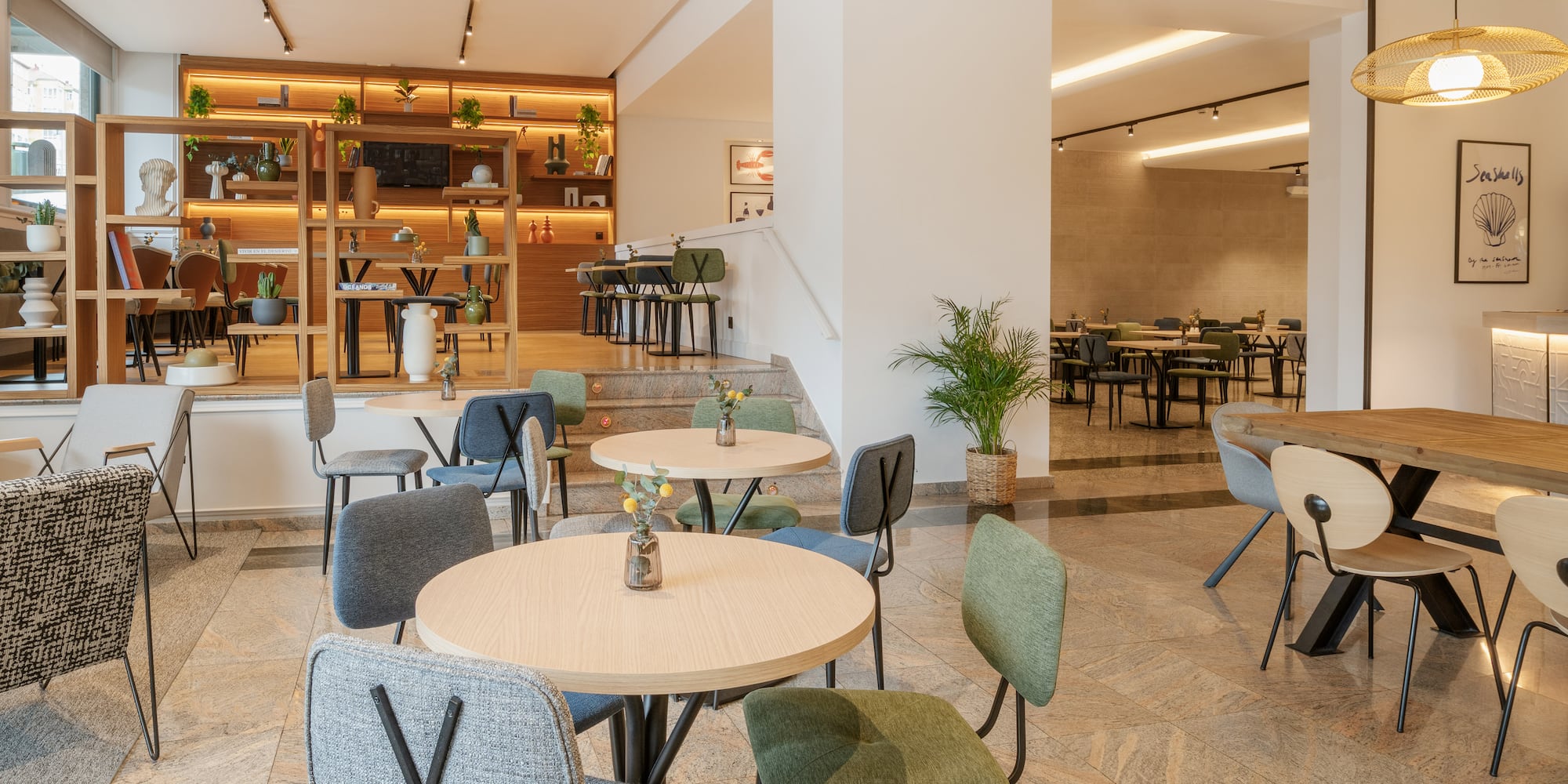 a room with tables and chairs