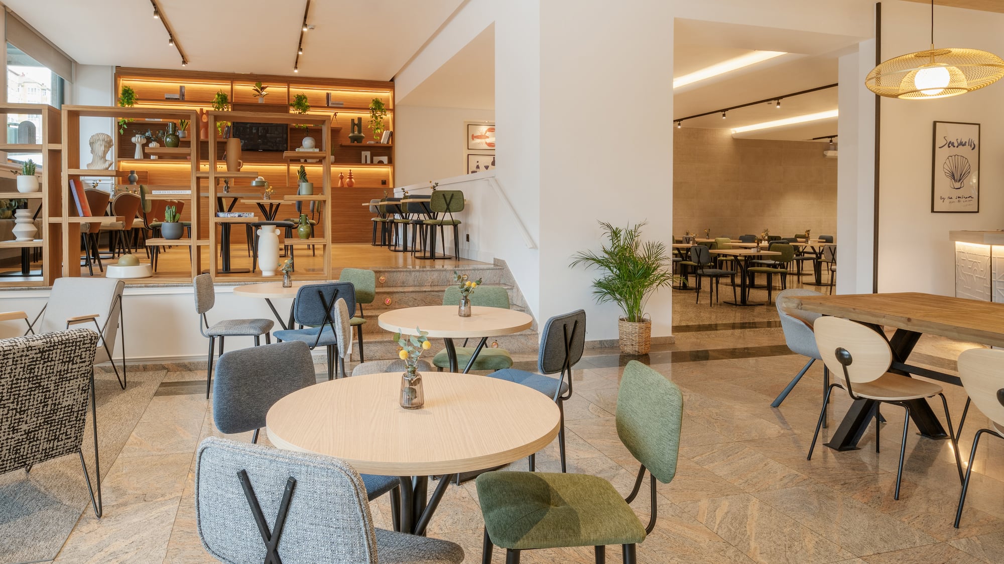 a room with tables and chairs