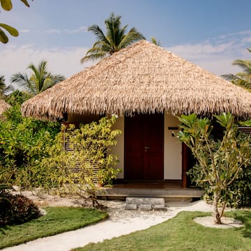 a small hut with grass roof and trees