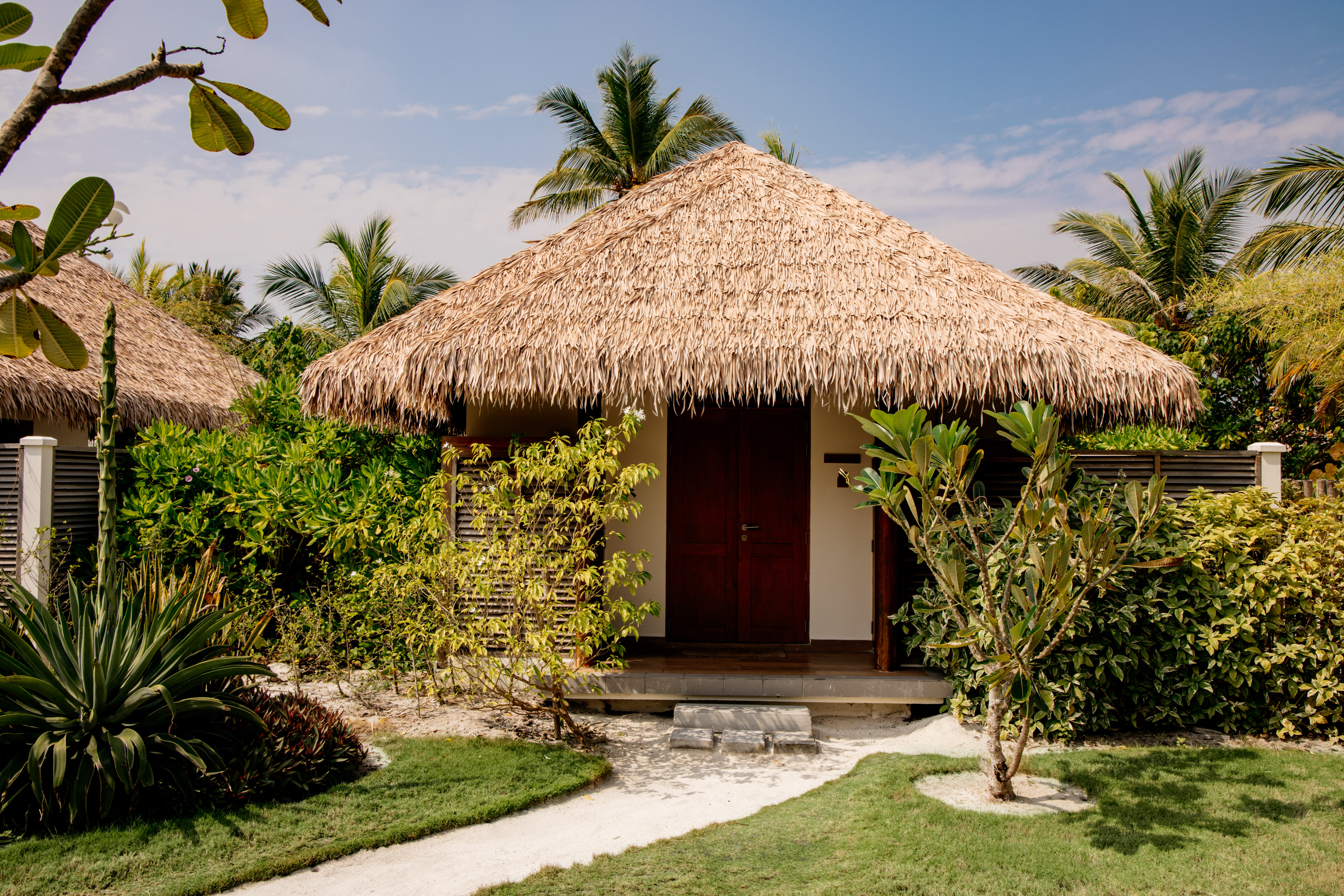a small hut with grass roof and trees