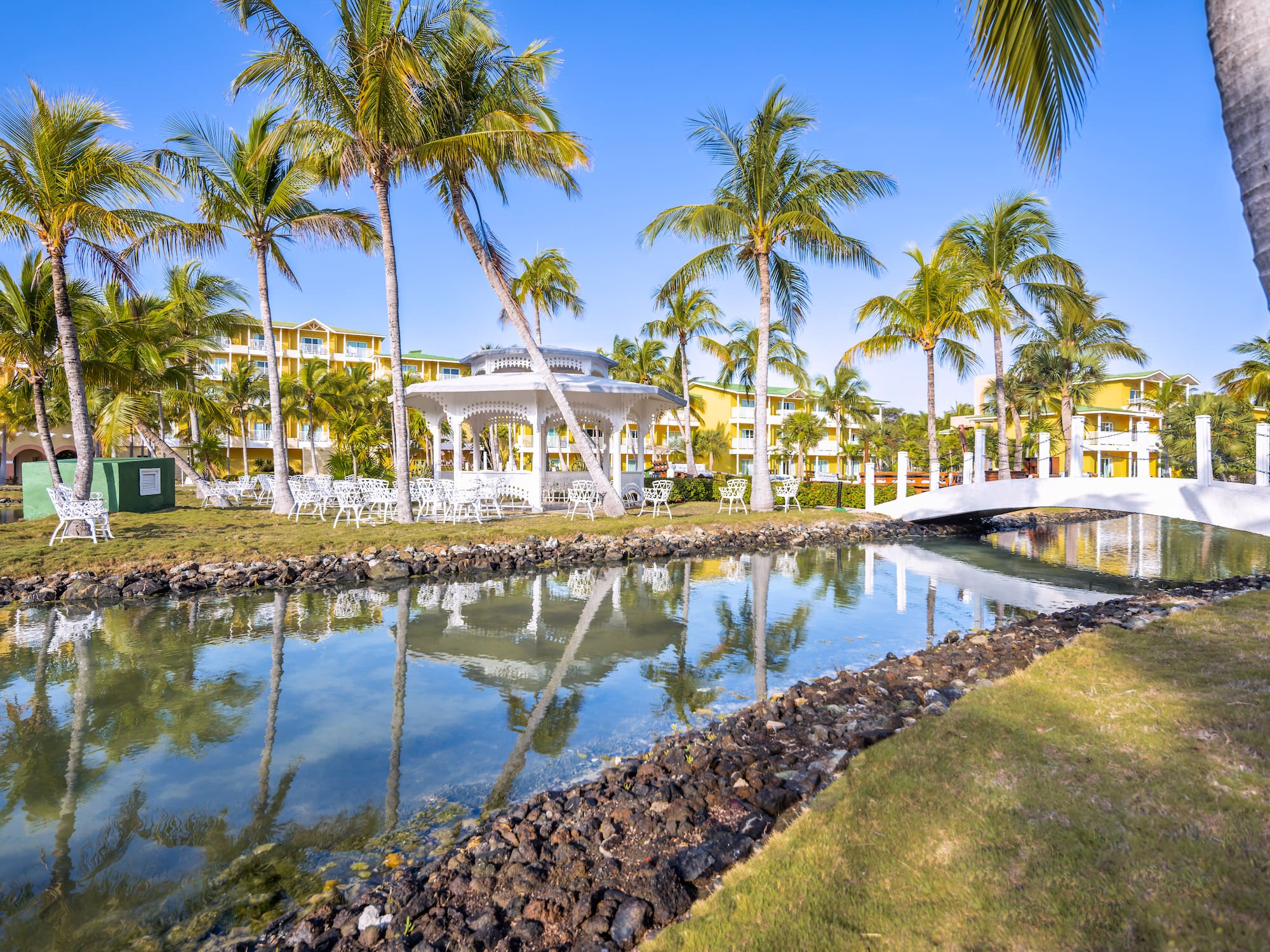 a pool of water with palm trees and a gazebo