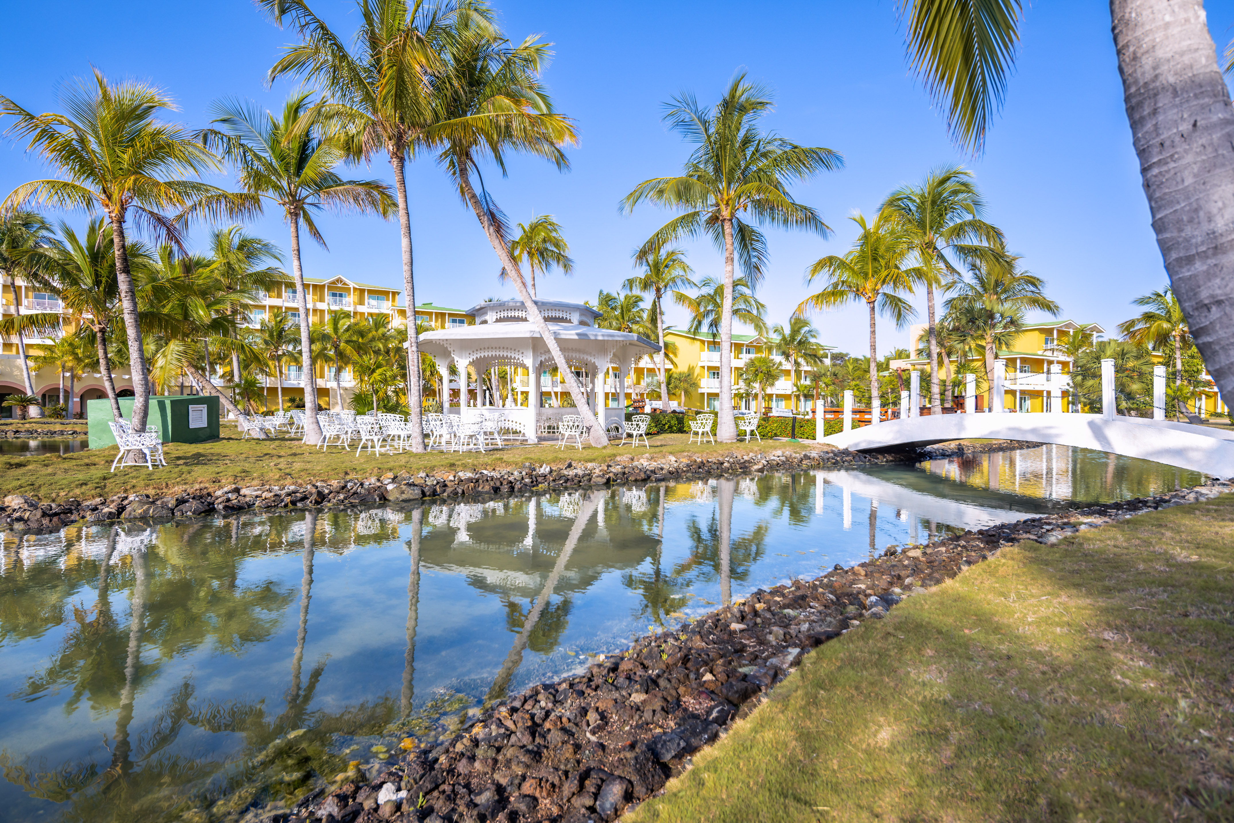 a pool of water with palm trees and a gazebo