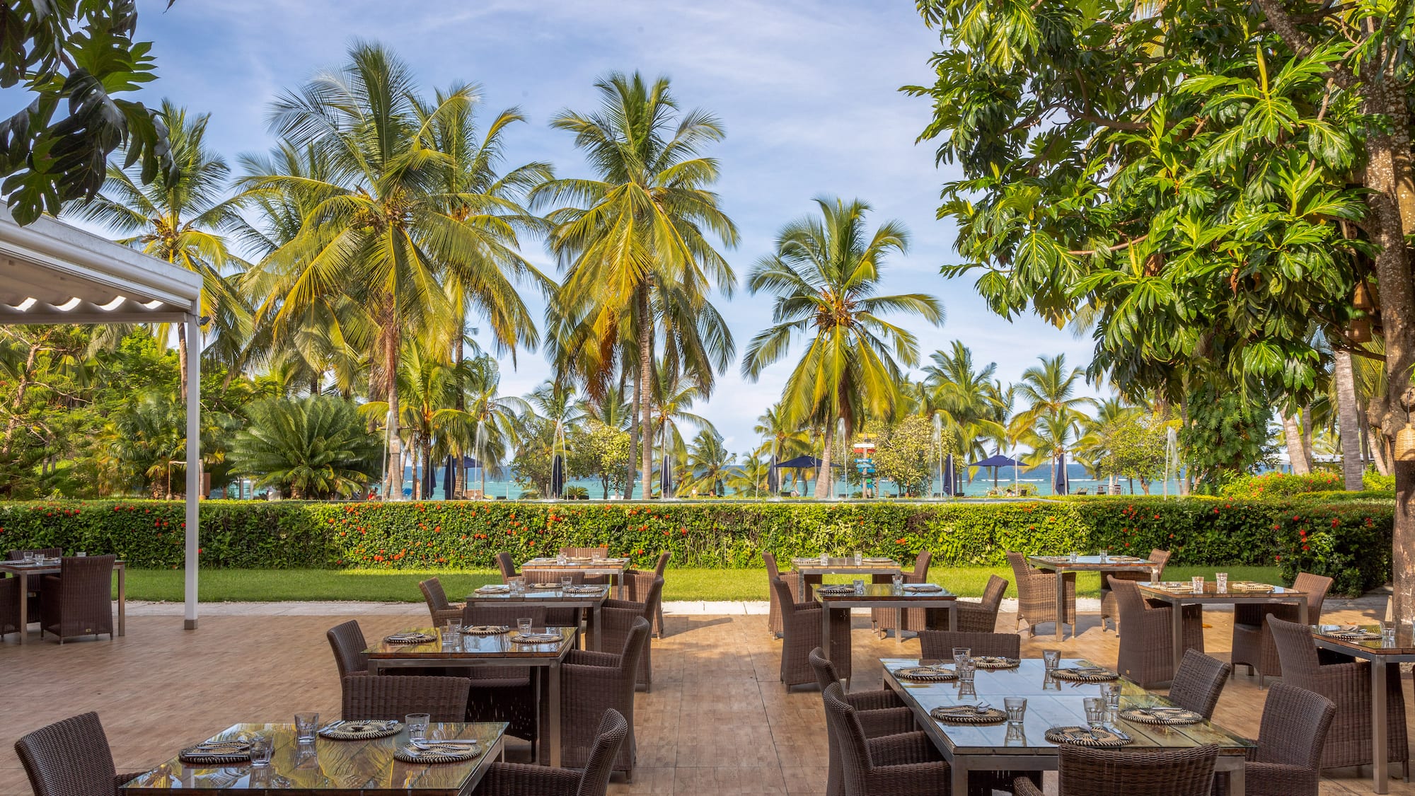 a tables and chairs outside with palm trees and water in the background