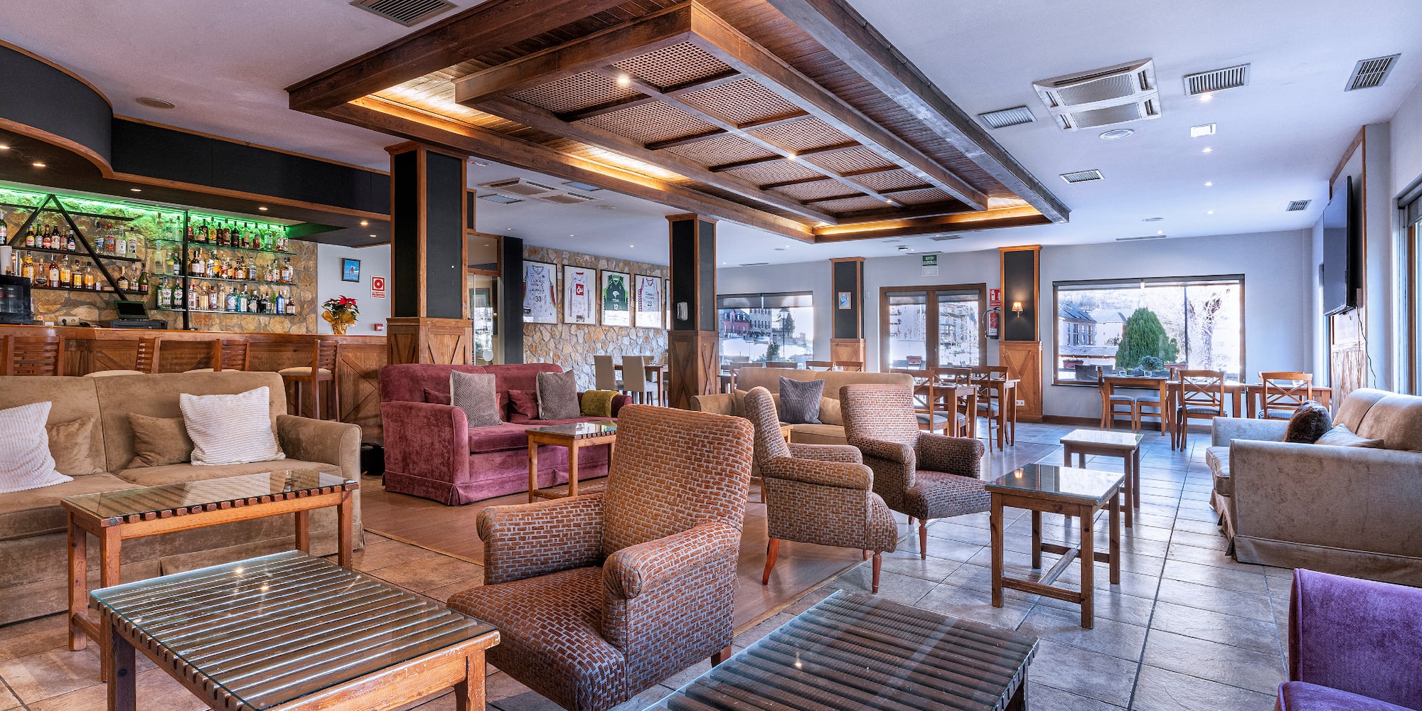 a room with chairs and tables