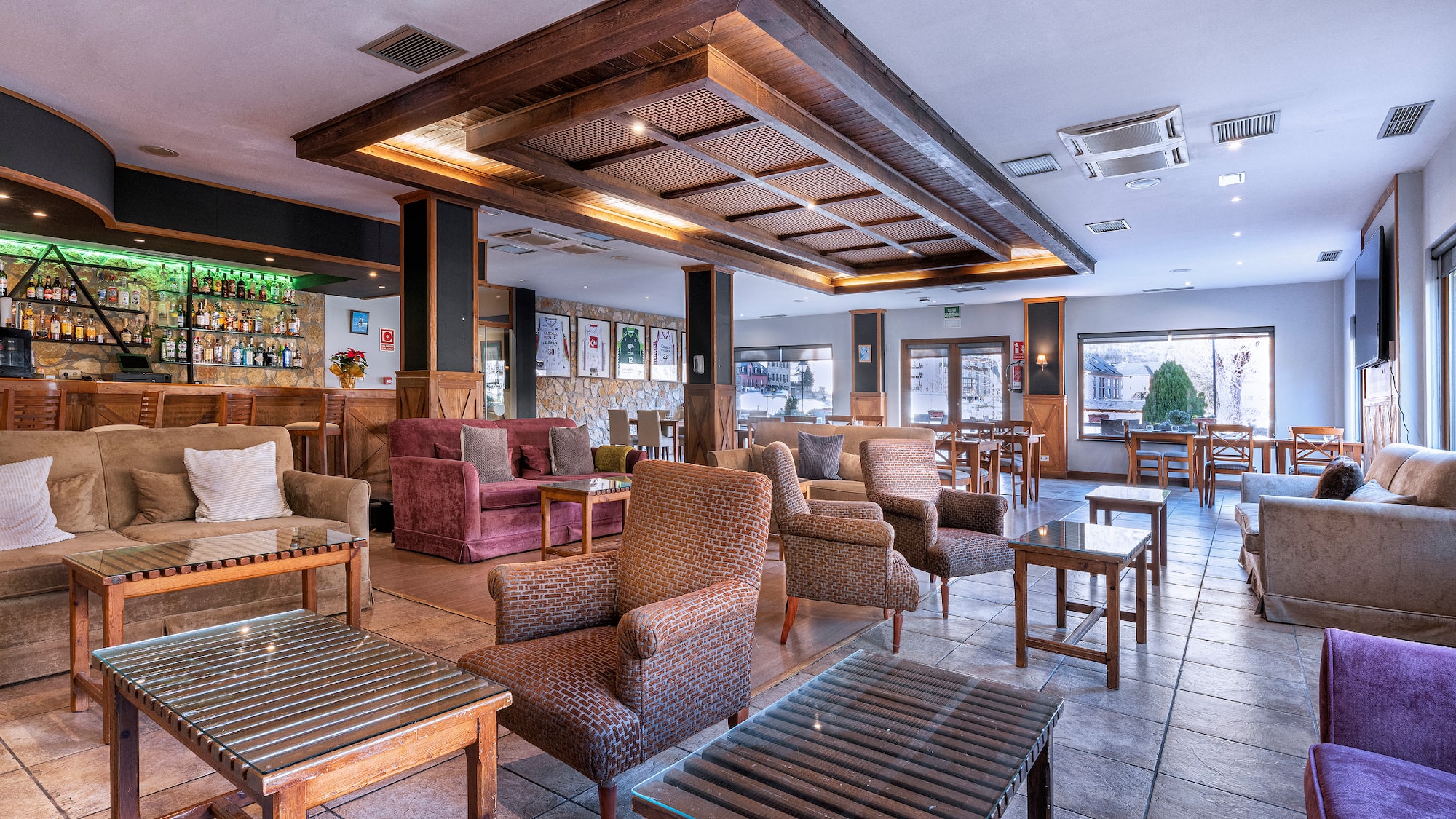 a room with chairs and tables