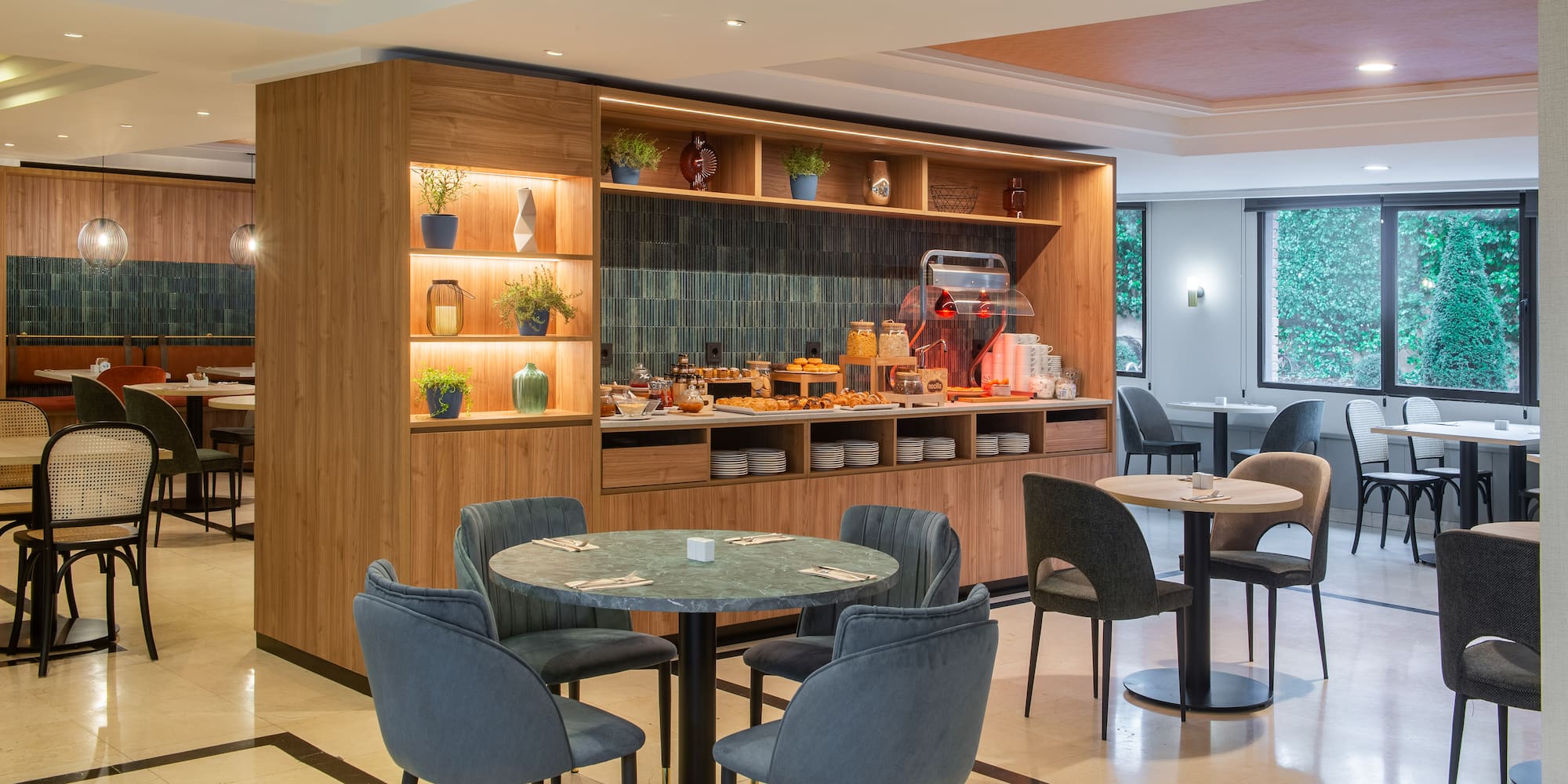 a room with a table and chairs