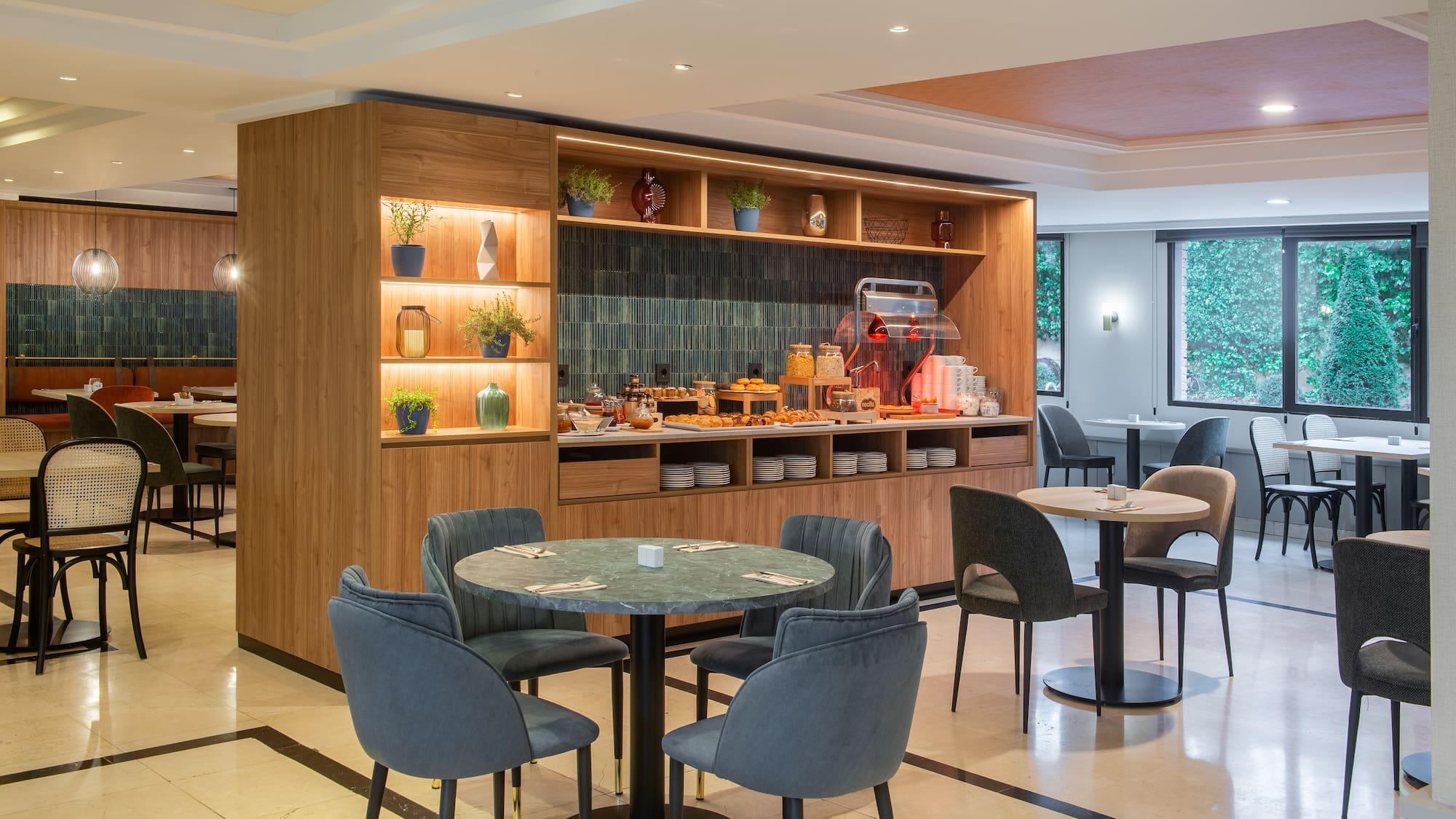 a room with a table and chairs