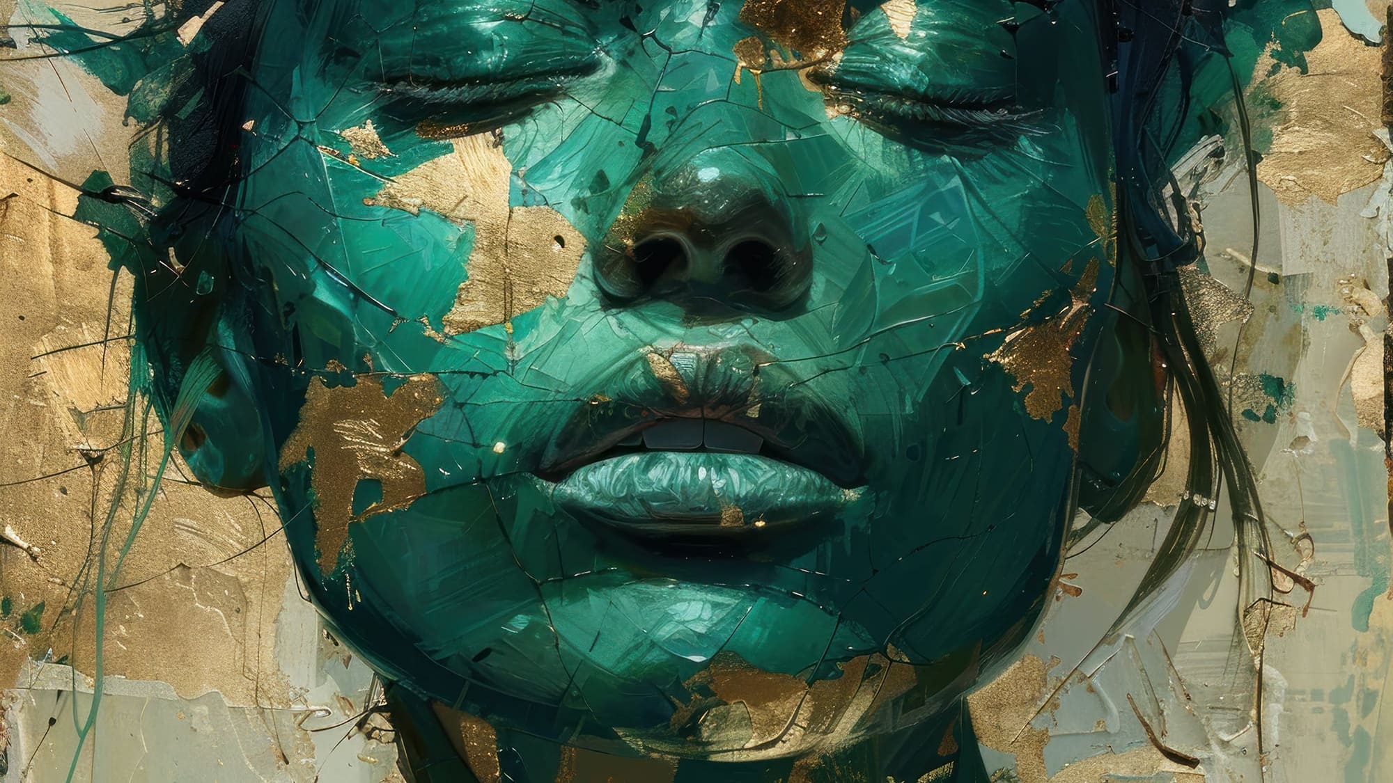 Abstract green and gold cracked portrait of a woman, eyes closed.