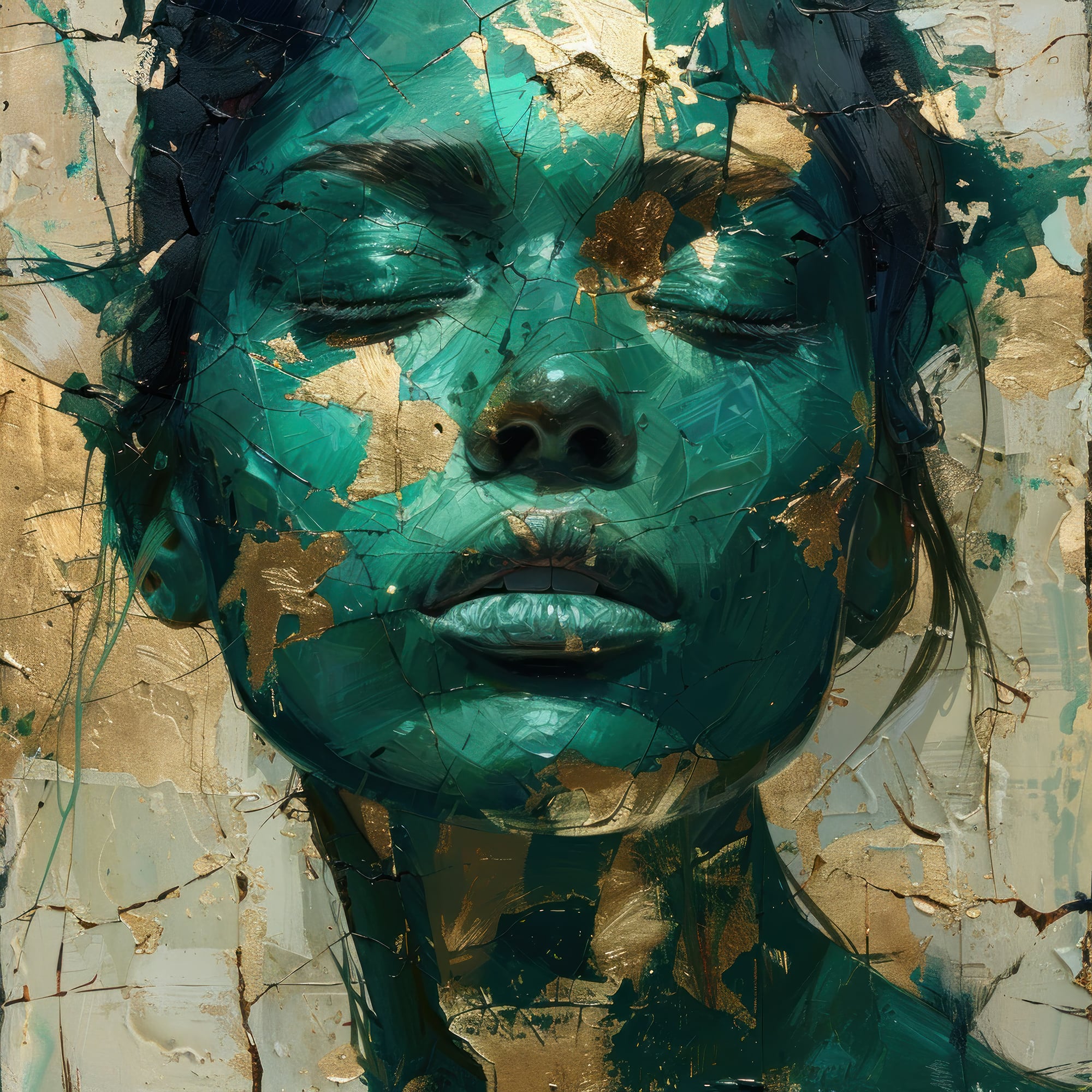 Abstract green and gold cracked portrait of a woman, eyes closed.