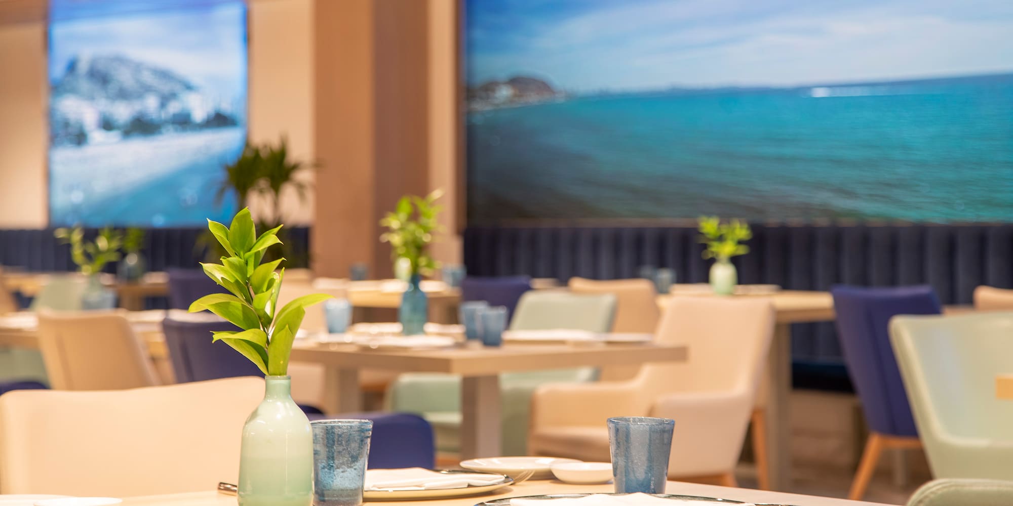 a table with plates and a vase of green plant on it