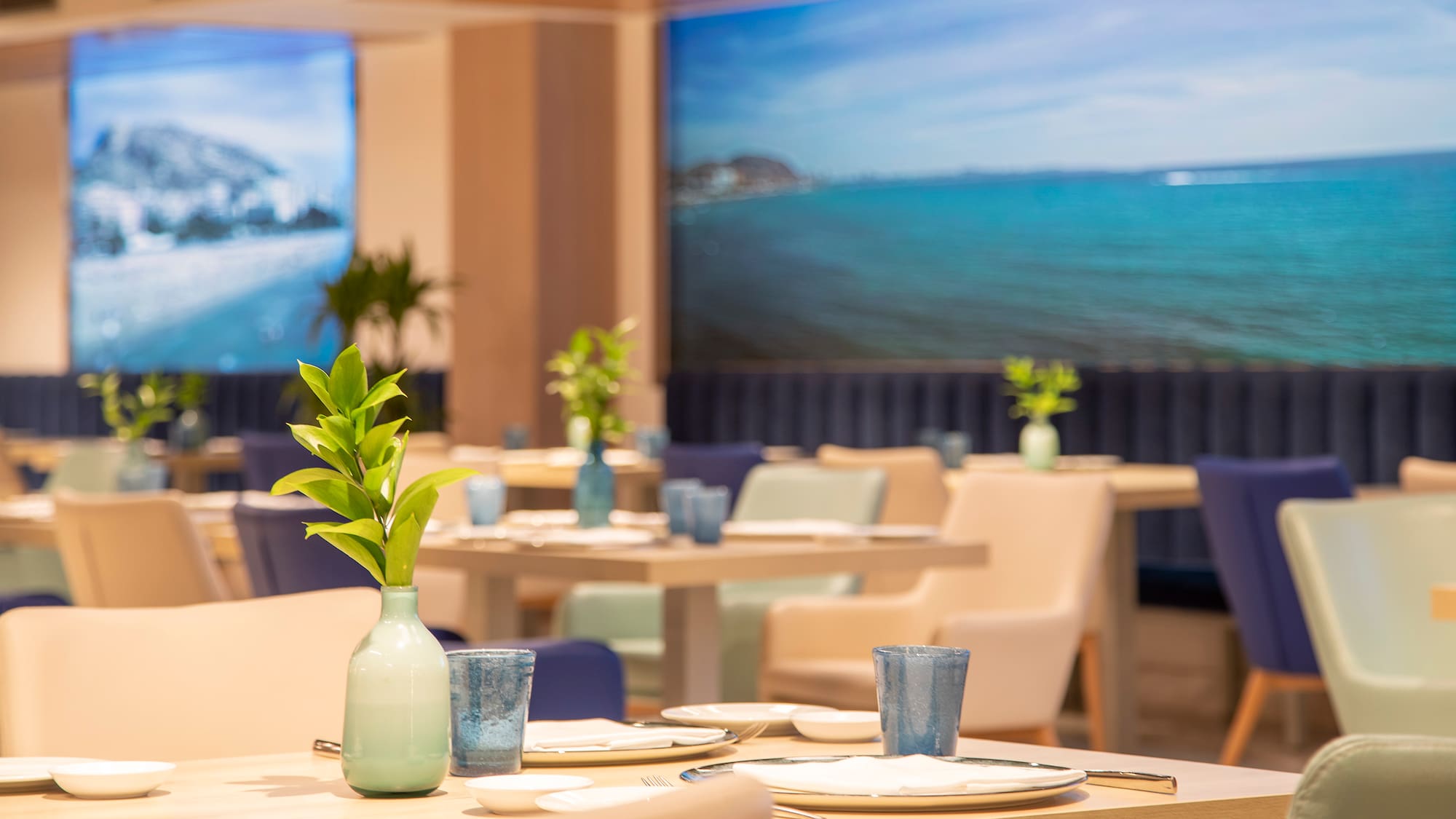 a table with plates and a vase of green plant on it